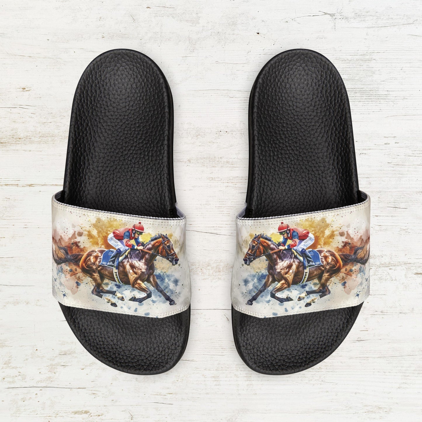 Horse Racing Sandals, Horse Art, Easy, Comfortable Slide On Derby Day Shoes - FlooredByArt