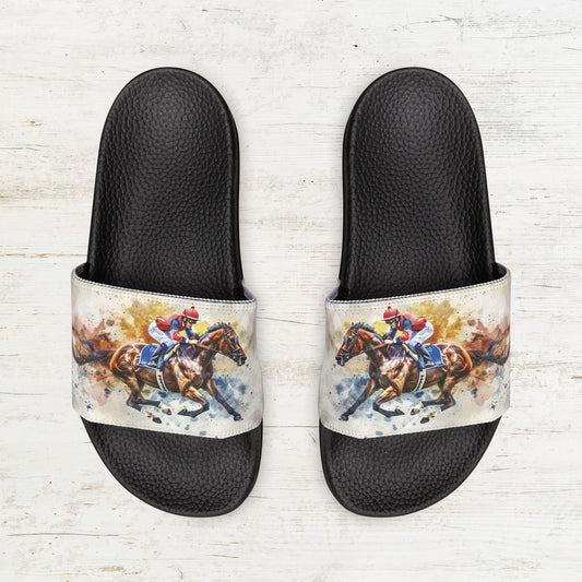 Horse Racing Sandals, Horse Art, Easy, Comfortable Slide On Derby Day Shoes - FlooredByArt