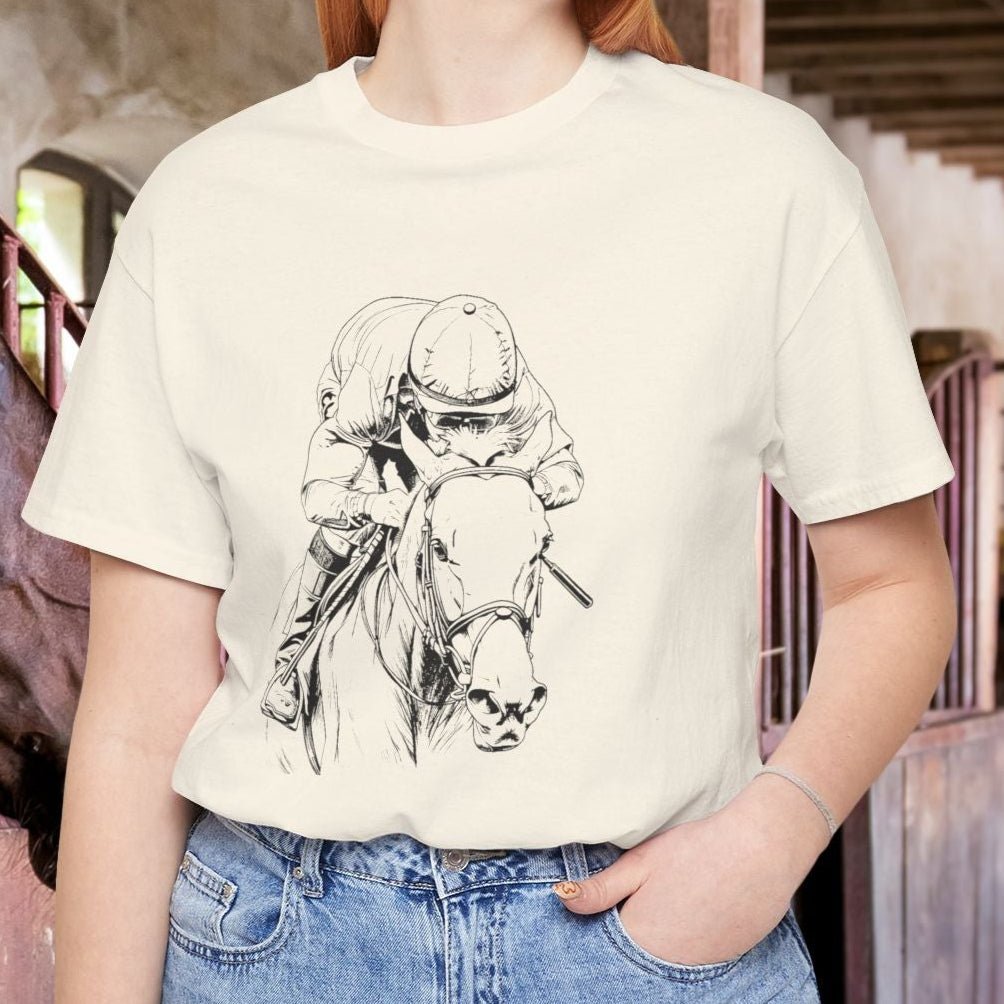 Horse Racing Shirt Jockey & Horse Art, Thoroughbred T-Shirt, Race Day Tee - FlooredByArt