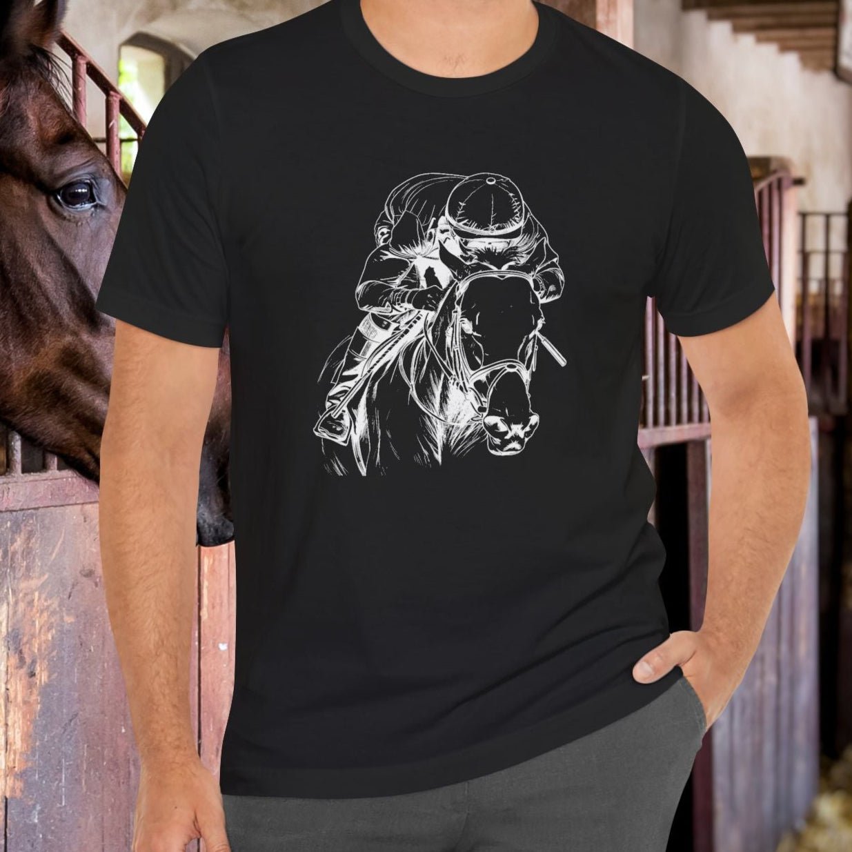Horse Racing Shirt Jockey & Horse Art, Thoroughbred T-Shirt, Race Day Tee - FlooredByArt