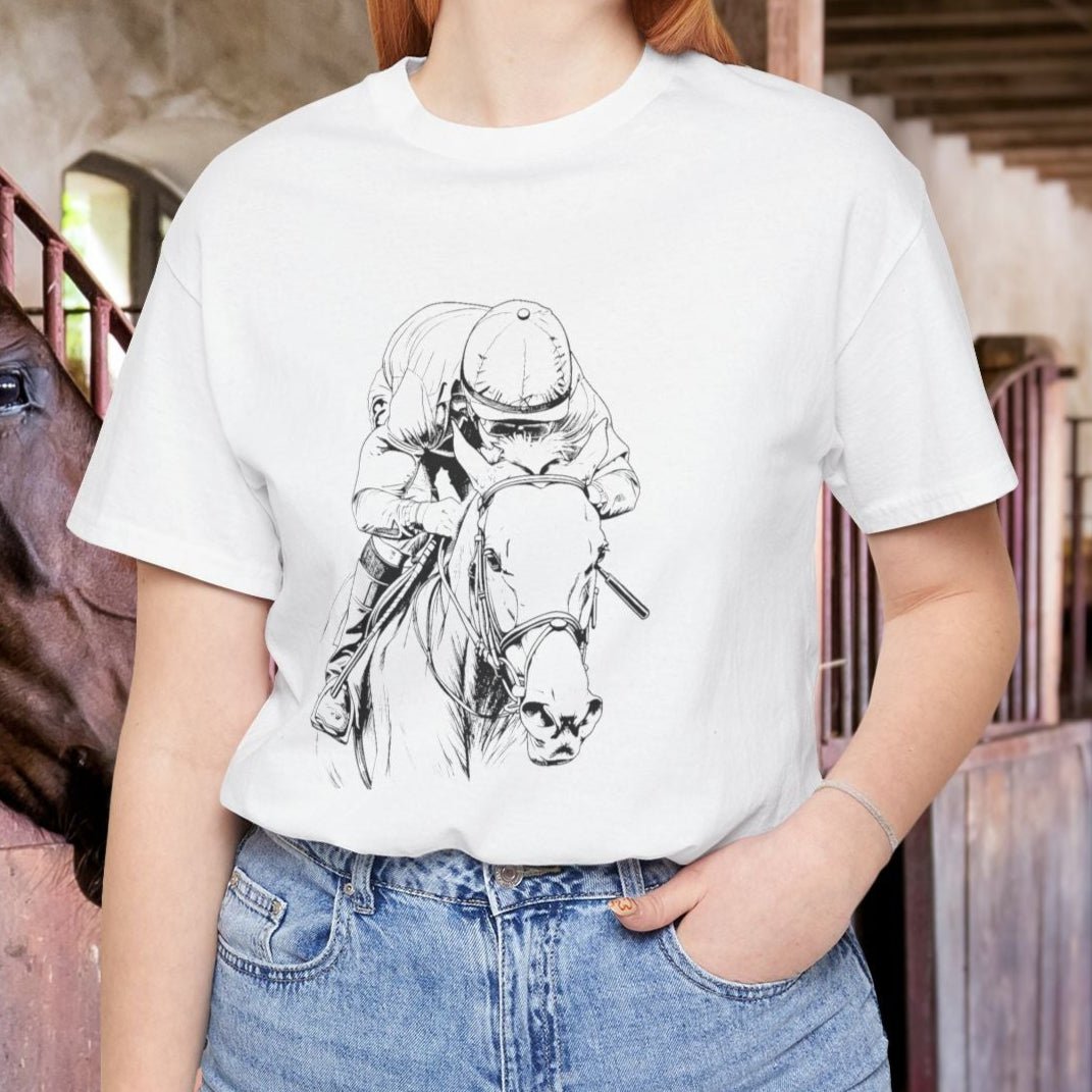 Horse Racing Shirt Jockey & Horse Art, Thoroughbred T-Shirt, Race Day Tee - FlooredByArt