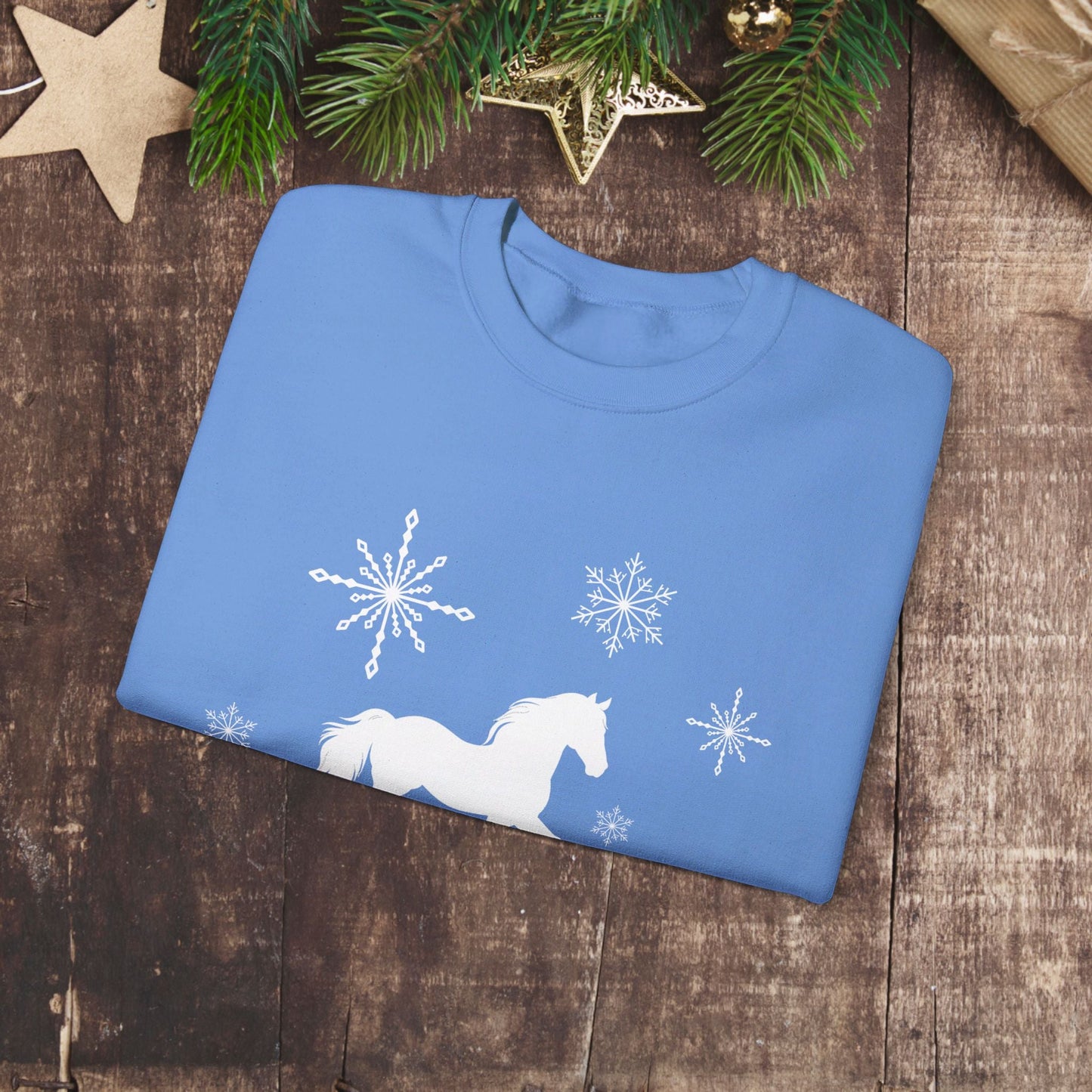 Horse Sweatshirt, Winter White Horse & Snowflakes Shirt, Christmas Holiday Sweater Shirt - FlooredByArt