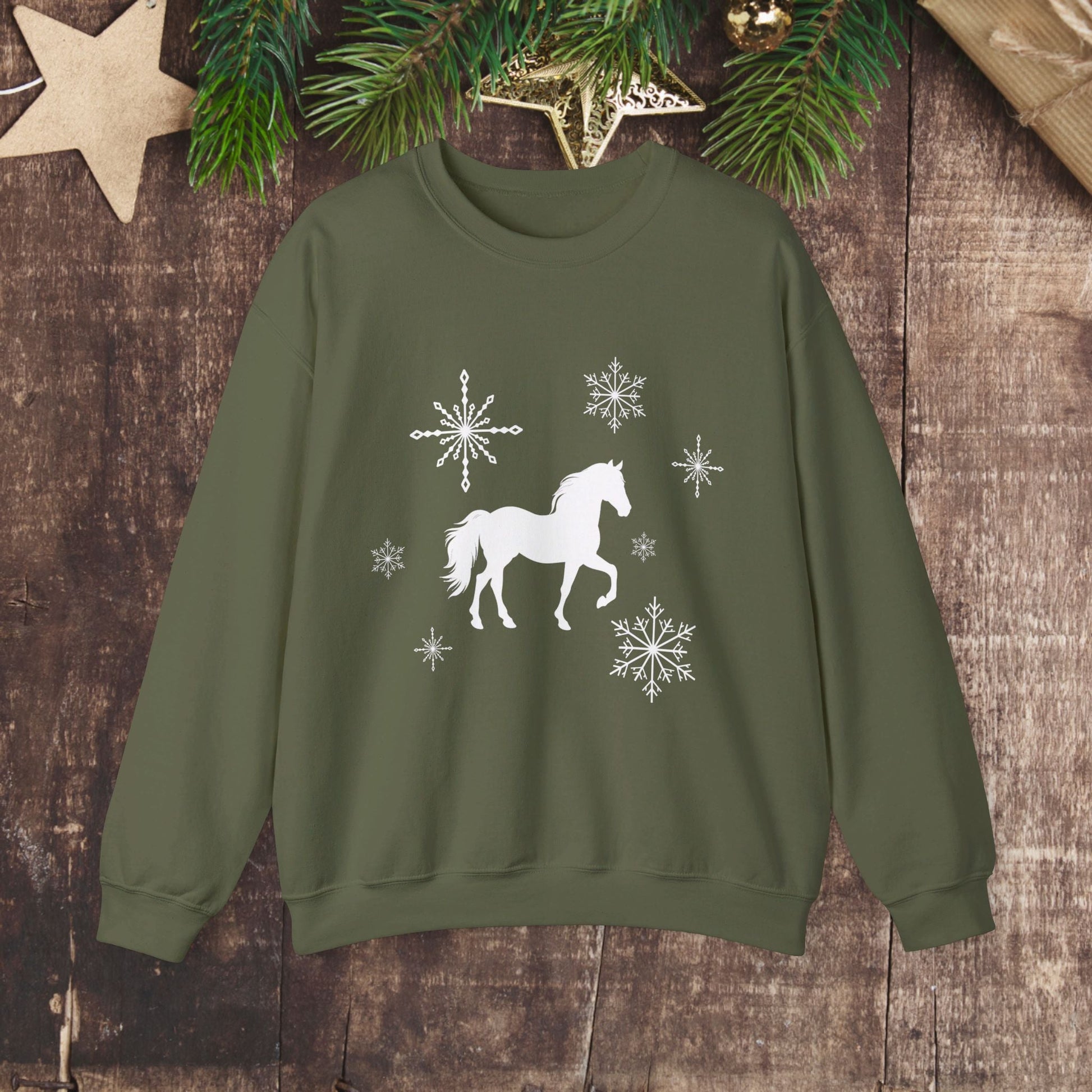 Horse Sweatshirt, Winter White Horse & Snowflakes Shirt, Christmas Holiday Sweater Shirt - FlooredByArt