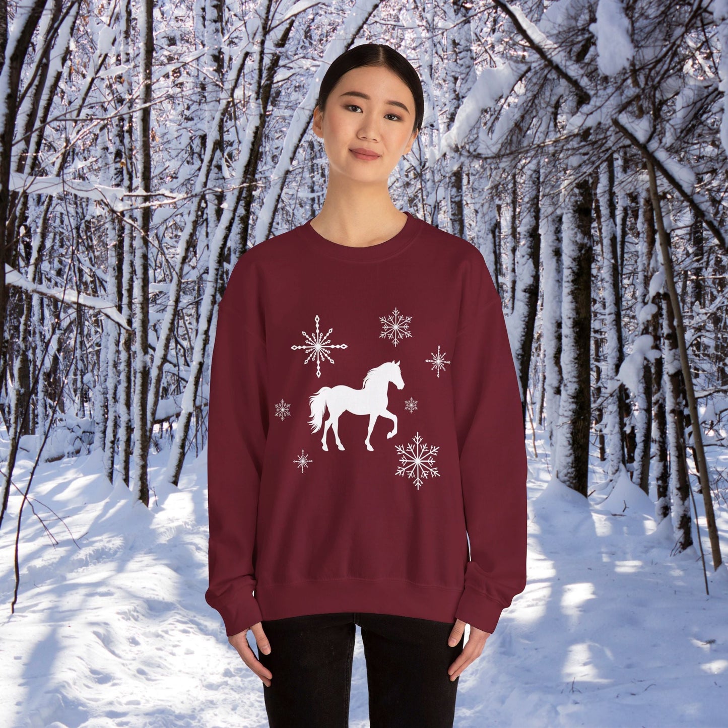 Horse Sweatshirt, Winter White Horse & Snowflakes Shirt, Christmas Holiday Sweater Shirt - FlooredByArt