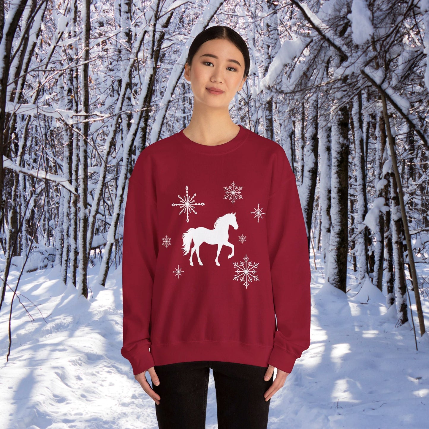 Horse Sweatshirt, Winter White Horse & Snowflakes Shirt, Christmas Holiday Sweater Shirt - FlooredByArt