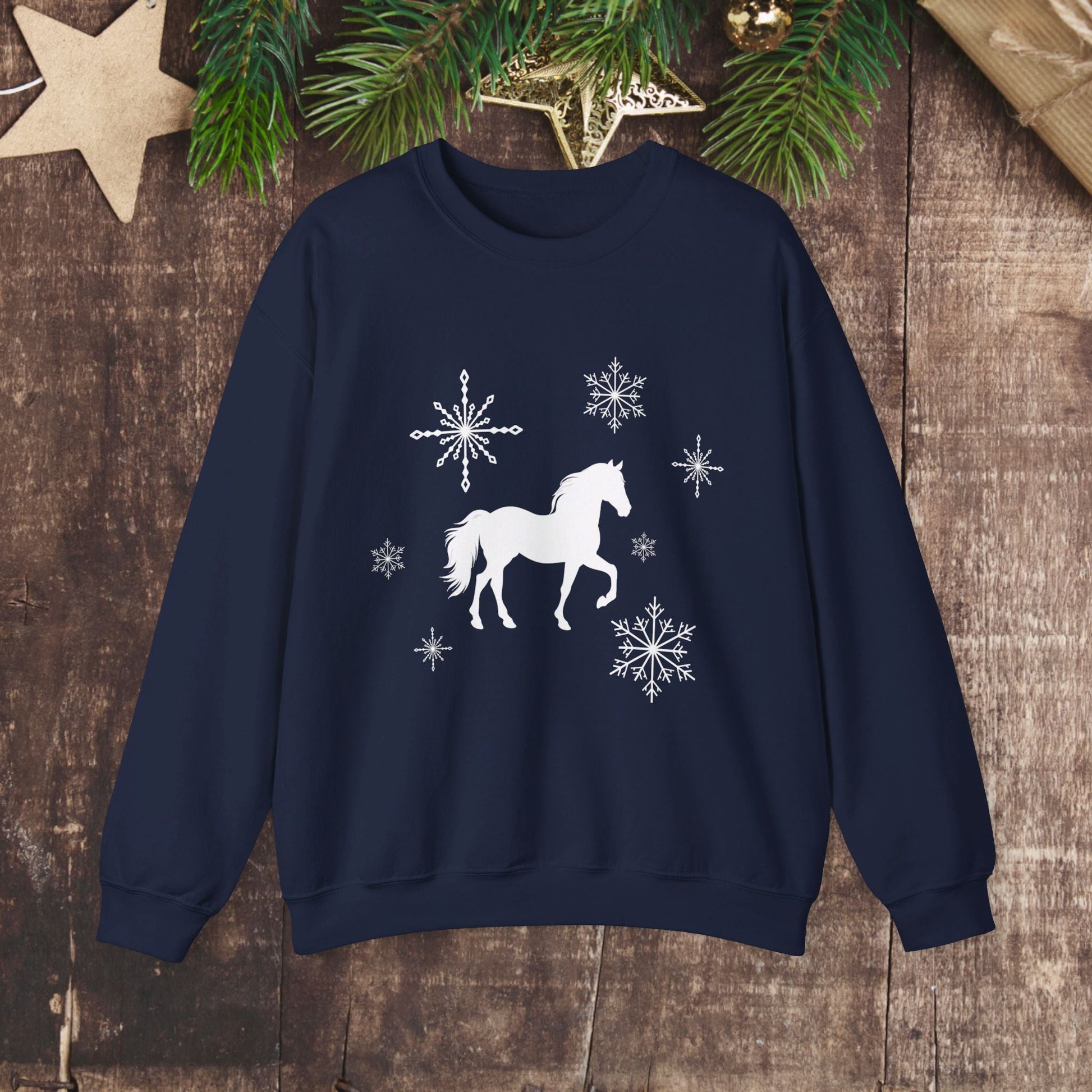 Horse Sweatshirt, Winter White Horse & Snowflakes Shirt, Christmas Holiday Sweater Shirt - FlooredByArt