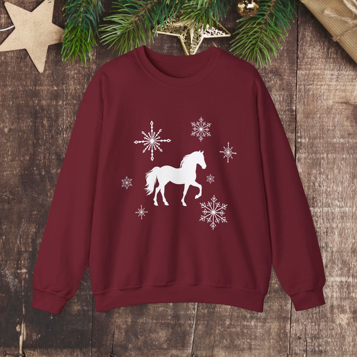 Horse Sweatshirt, Winter White Horse & Snowflakes Shirt, Christmas Holiday Sweater Shirt - FlooredByArt