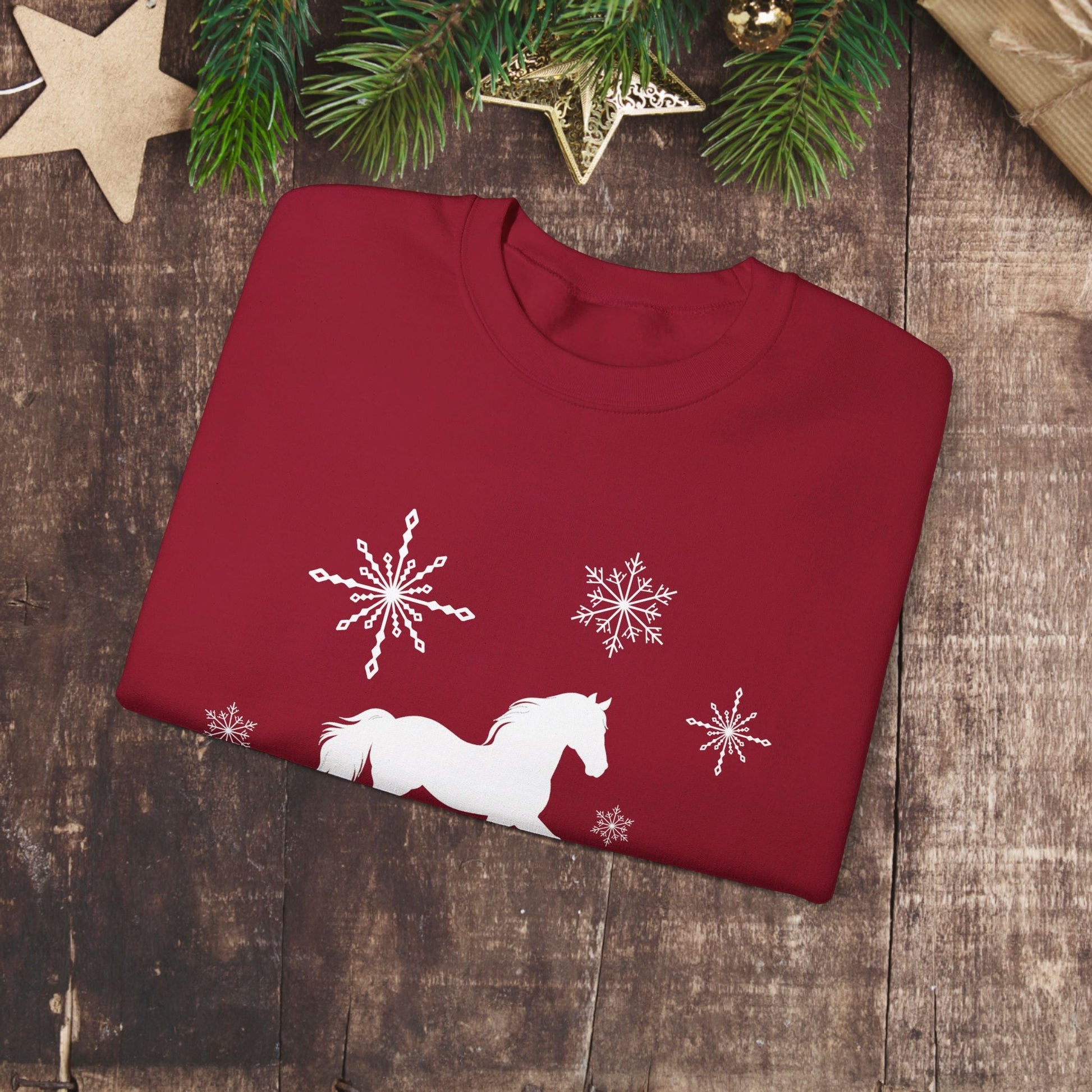 Horse Sweatshirt, Winter White Horse & Snowflakes Shirt, Christmas Holiday Sweater Shirt - FlooredByArt