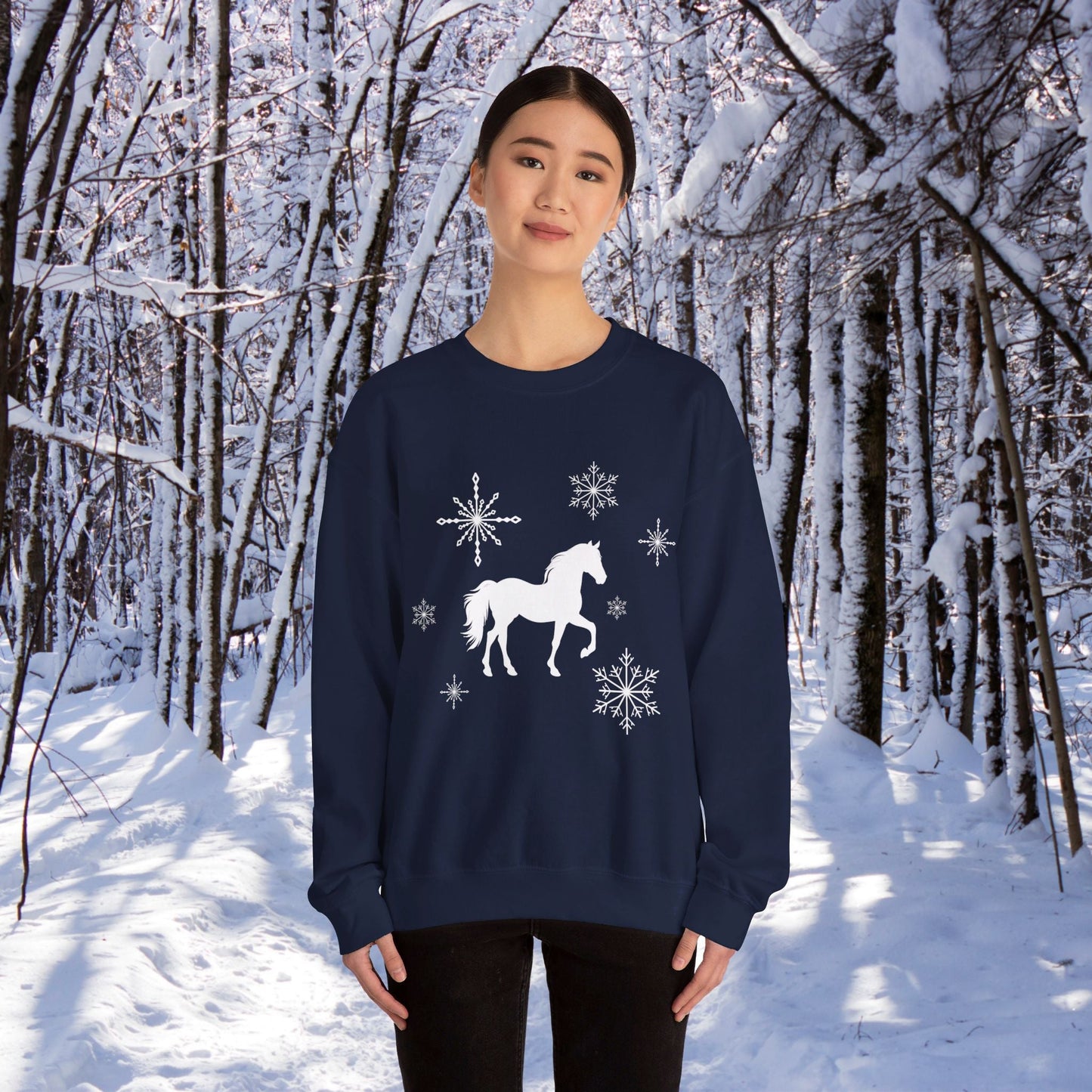 Horse Sweatshirt, Winter White Horse & Snowflakes Shirt, Christmas Holiday Sweater Shirt - FlooredByArt