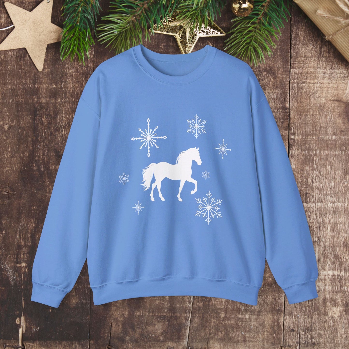 Horse Sweatshirt, Winter White Horse & Snowflakes Shirt, Christmas Holiday Sweater Shirt - FlooredByArt