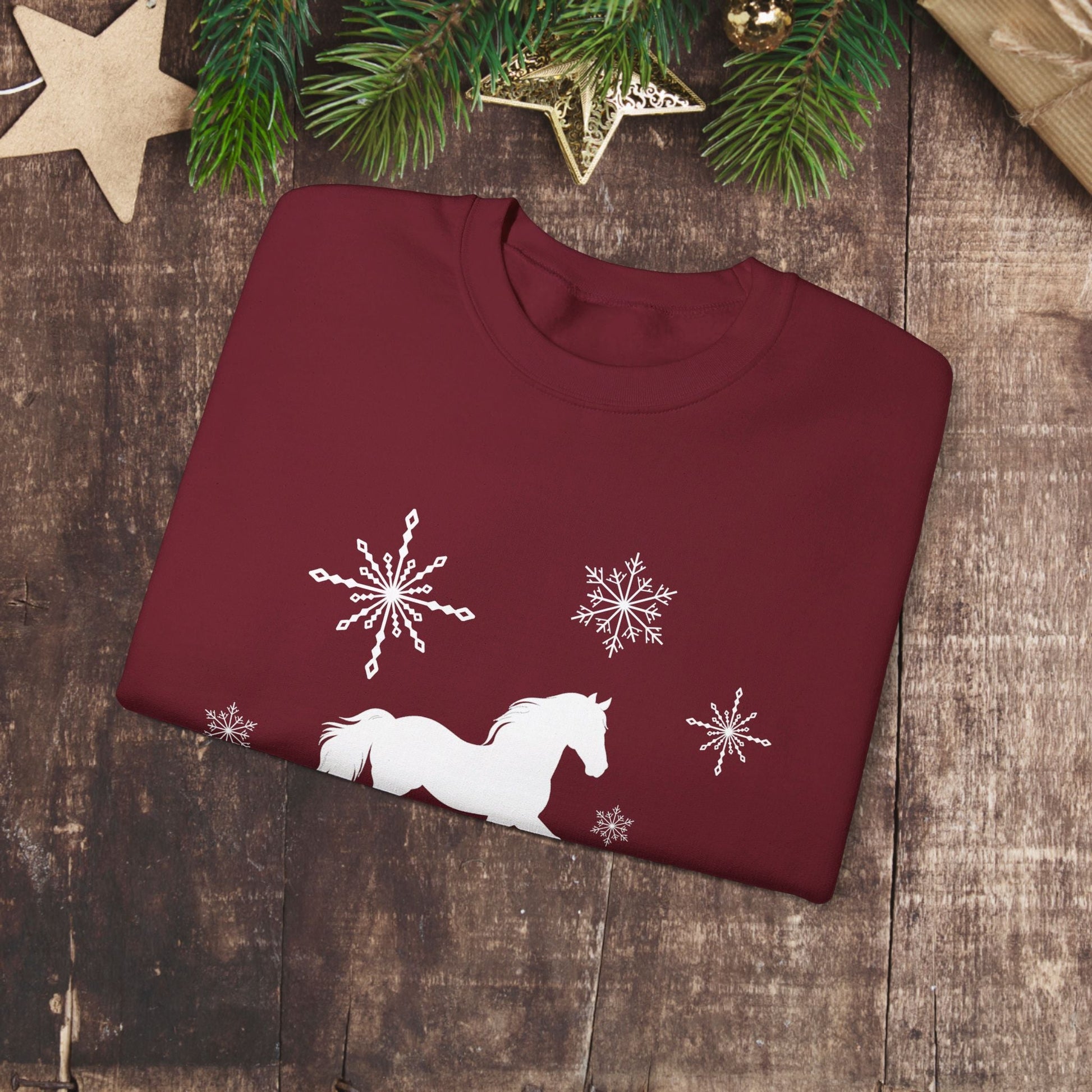 Horse Sweatshirt, Winter White Horse & Snowflakes Shirt, Christmas Holiday Sweater Shirt - FlooredByArt