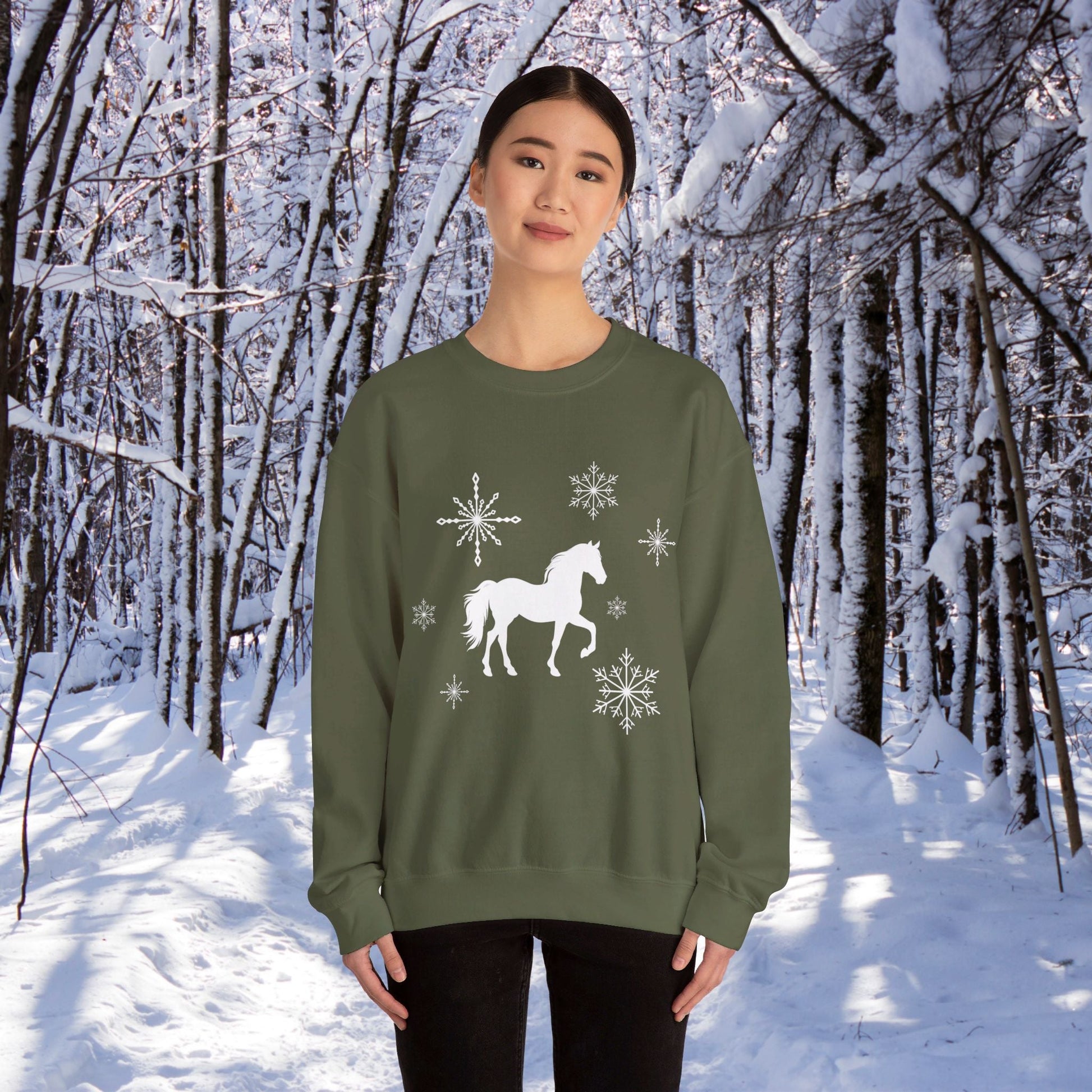 Horse Sweatshirt, Winter White Horse & Snowflakes Shirt, Christmas Holiday Sweater Shirt - FlooredByArt