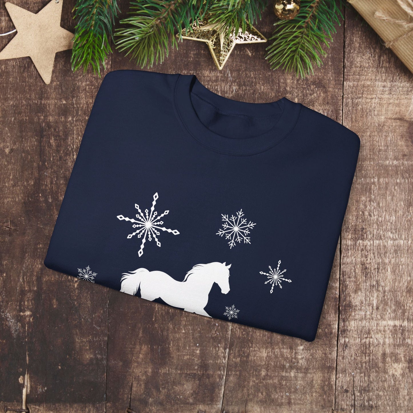 Horse Sweatshirt, Winter White Horse & Snowflakes Shirt, Christmas Holiday Sweater Shirt - FlooredByArt