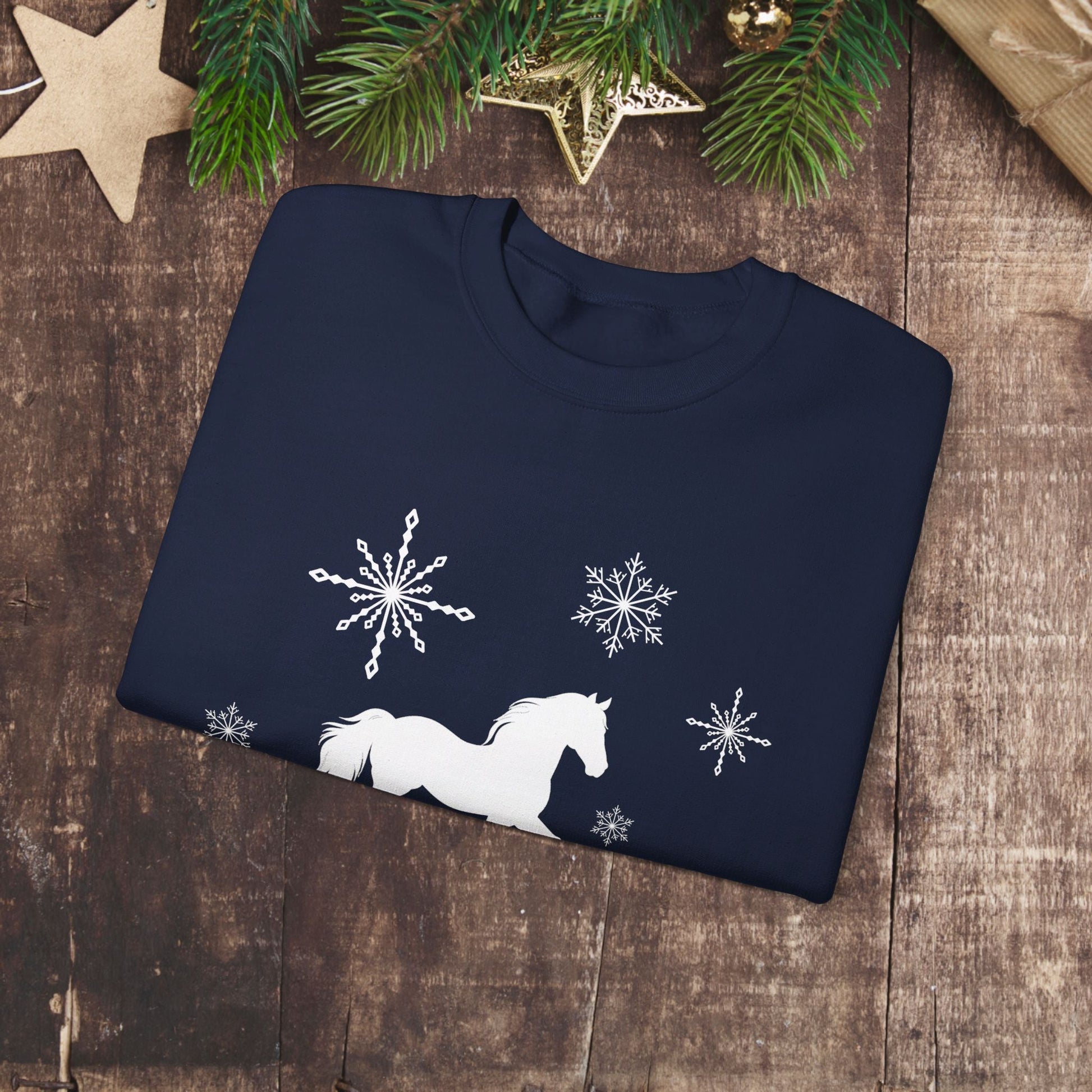 Horse Sweatshirt, Winter White Horse & Snowflakes Shirt, Christmas Holiday Sweater Shirt - FlooredByArt