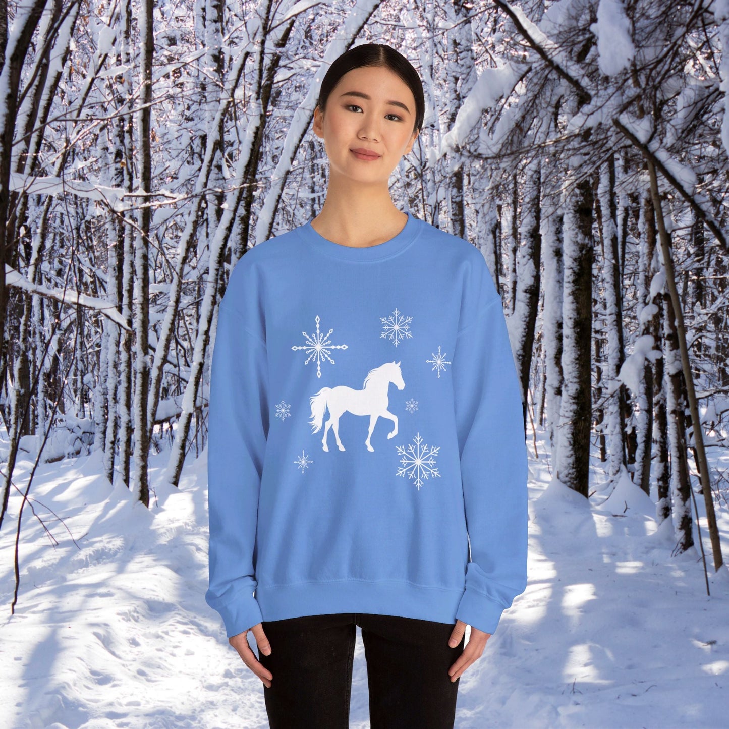 Horse Sweatshirt, Winter White Horse & Snowflakes Shirt, Christmas Holiday Sweater Shirt - FlooredByArt