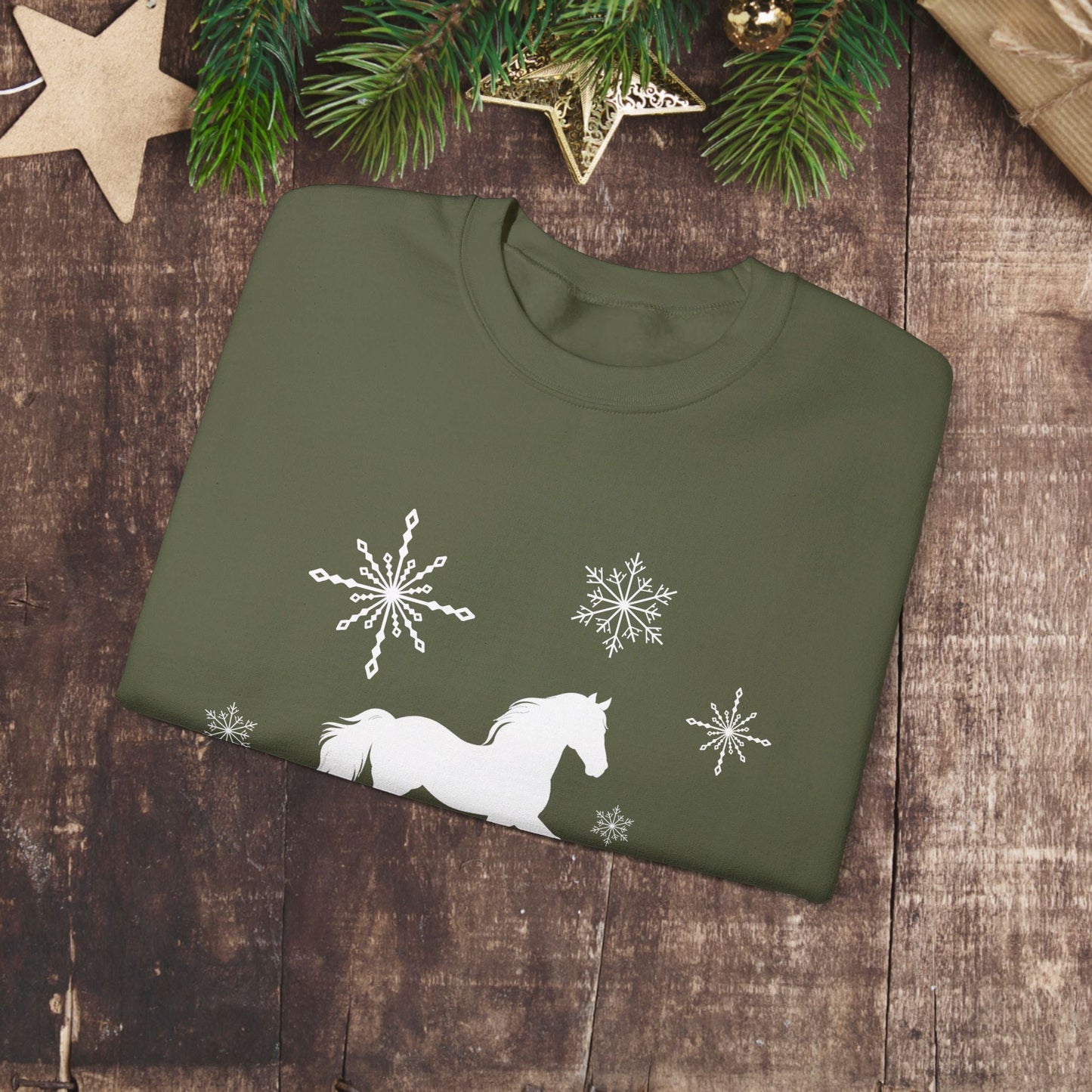 Horse Sweatshirt, Winter White Horse & Snowflakes Shirt, Christmas Holiday Sweater Shirt - FlooredByArt