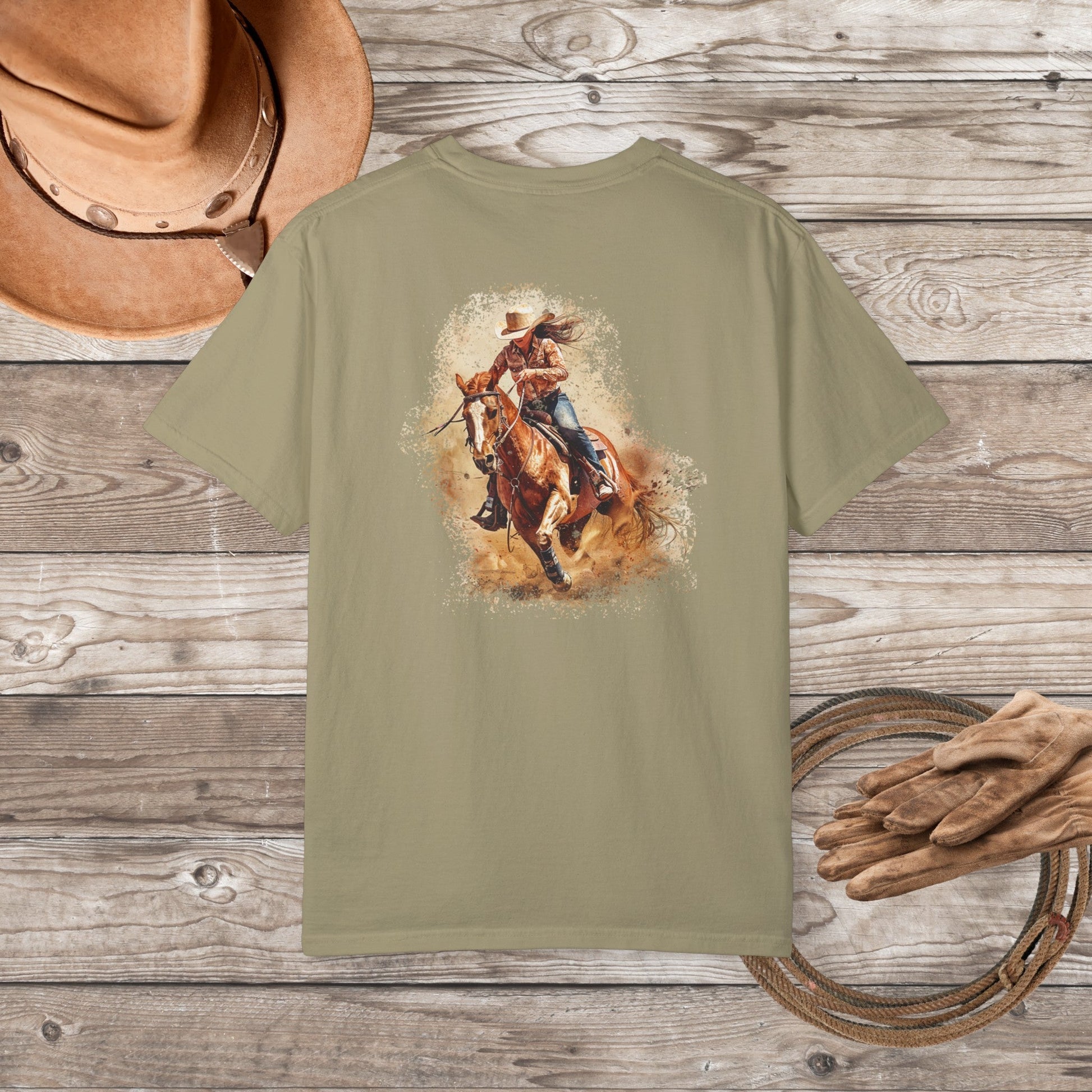 Horse T-shirt, Comfort Color Tee, Barrel Racing, Back and Front Print - FlooredByArt