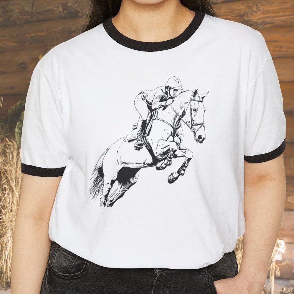 Hunter Jumper Equestrian T - shirt, Banded Cotton Ringer Shirt, Equestrian Horse Shirt - FlooredByArt