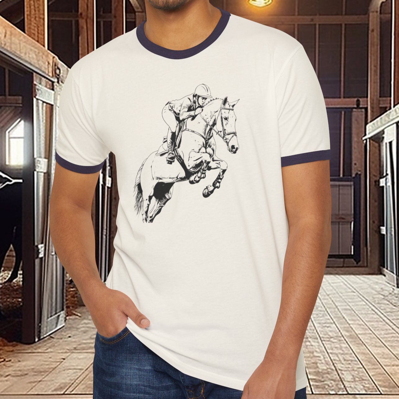 Hunter Jumper Equestrian T - shirt, Banded Cotton Ringer Shirt, Equestrian Horse Shirt - FlooredByArt