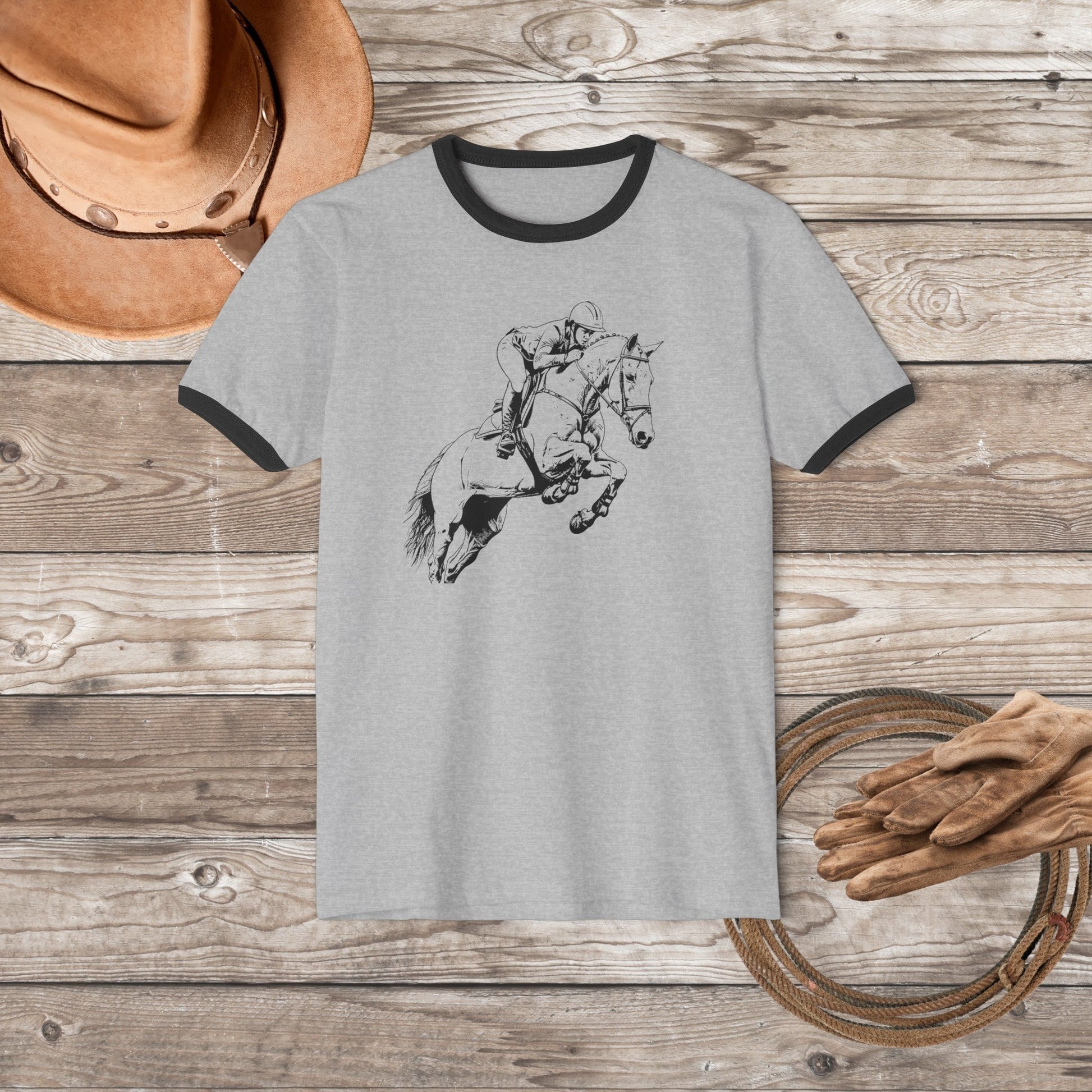 Hunter Jumper Equestrian T - shirt, Banded Cotton Ringer Shirt, Equestrian Horse Shirt - FlooredByArt