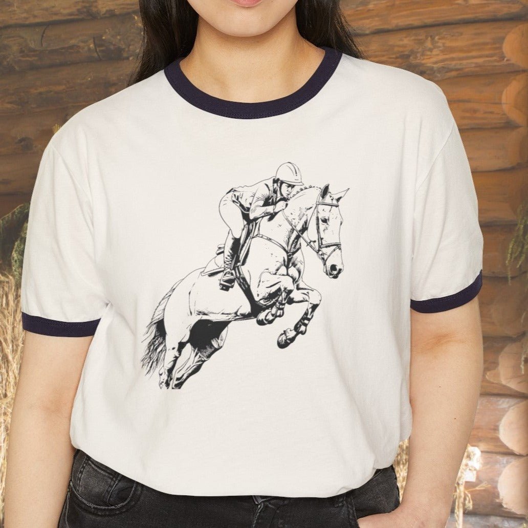 Hunter Jumper Equestrian T - shirt, Banded Cotton Ringer Shirt, Equestrian Horse Shirt - FlooredByArt