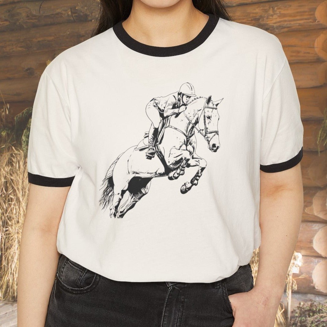 Hunter Jumper Equestrian T - shirt, Banded Cotton Ringer Shirt, Equestrian Horse Shirt - FlooredByArt