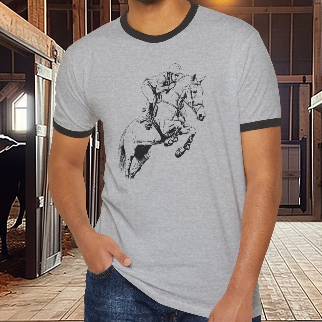 Hunter Jumper Equestrian T - shirt, Banded Cotton Ringer Shirt, Equestrian Horse Shirt - FlooredByArt