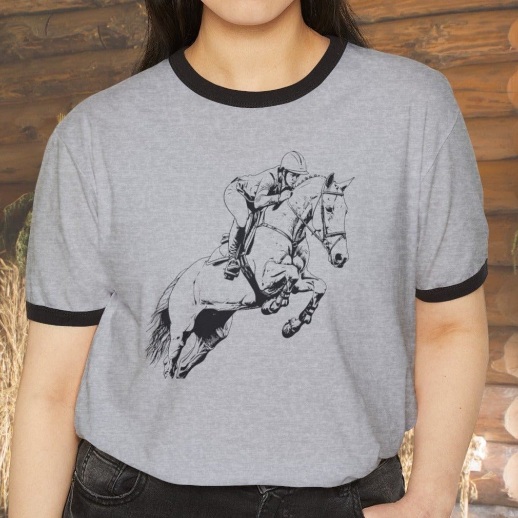 Hunter Jumper Equestrian T - shirt, Banded Cotton Ringer Shirt, Equestrian Horse Shirt - FlooredByArt