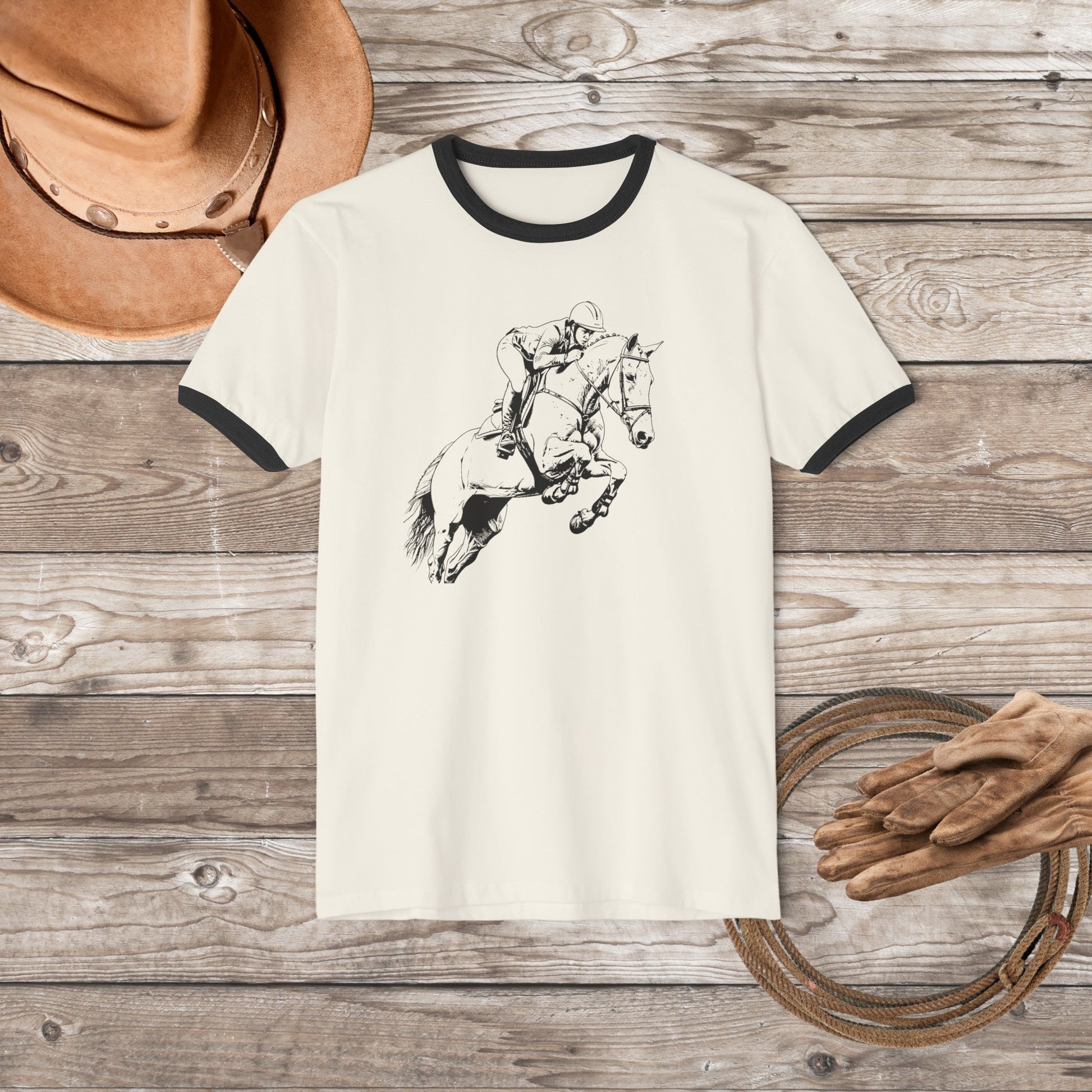 Hunter Jumper Equestrian T - shirt, Banded Cotton Ringer Shirt, Equestrian Horse Shirt - FlooredByArt