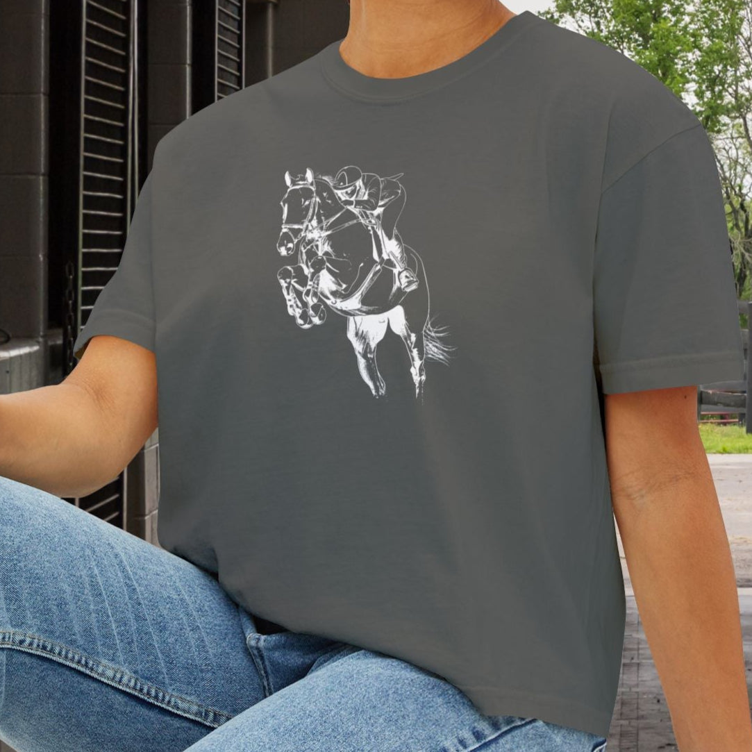 Hunter Jumper Horse Tee - Comfort Colors Boxy Crop T-Shirt for Equestrians, Riding Gift for Women, Stylish Horse Lover Shirt - FlooredByArt