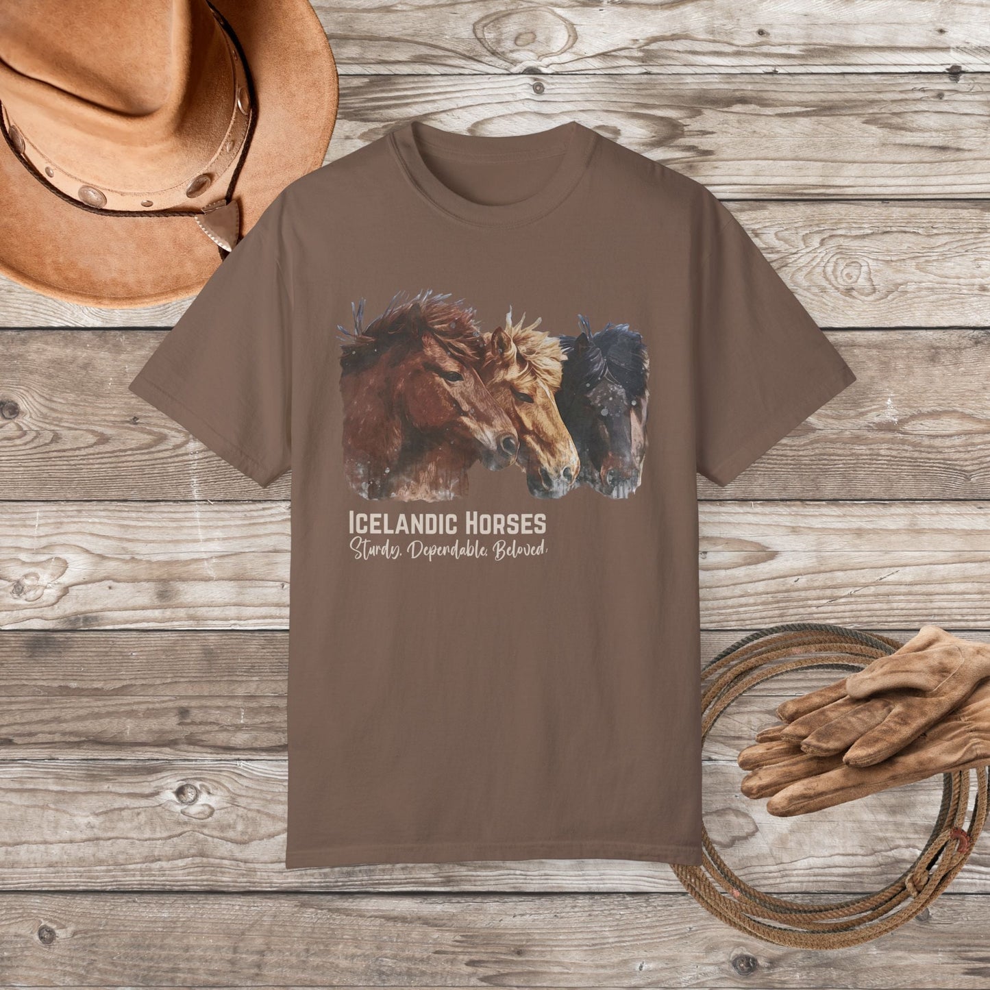 Icelandic Horses T-Shirt – Watercolor Horse Art on Comfort Colors Tee - FlooredByArt