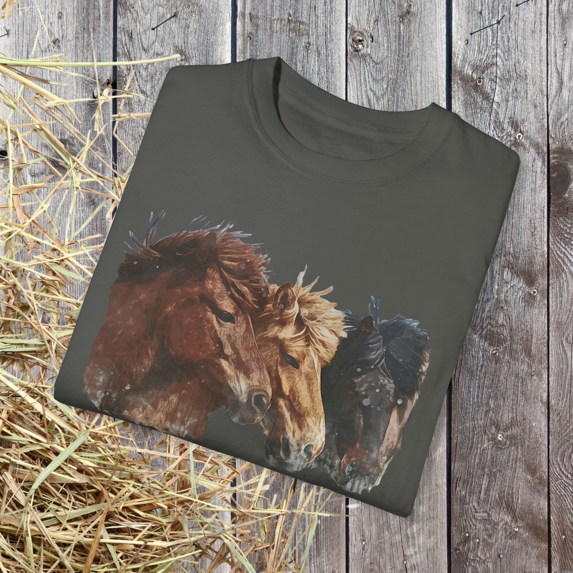 Icelandic Horses T-Shirt – Watercolor Horse Art on Comfort Colors Tee - FlooredByArt