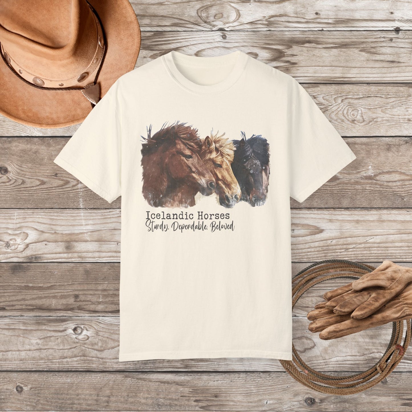 Icelandic Horses T-Shirt – Watercolor Horse Art on Comfort Colors Tee - FlooredByArt