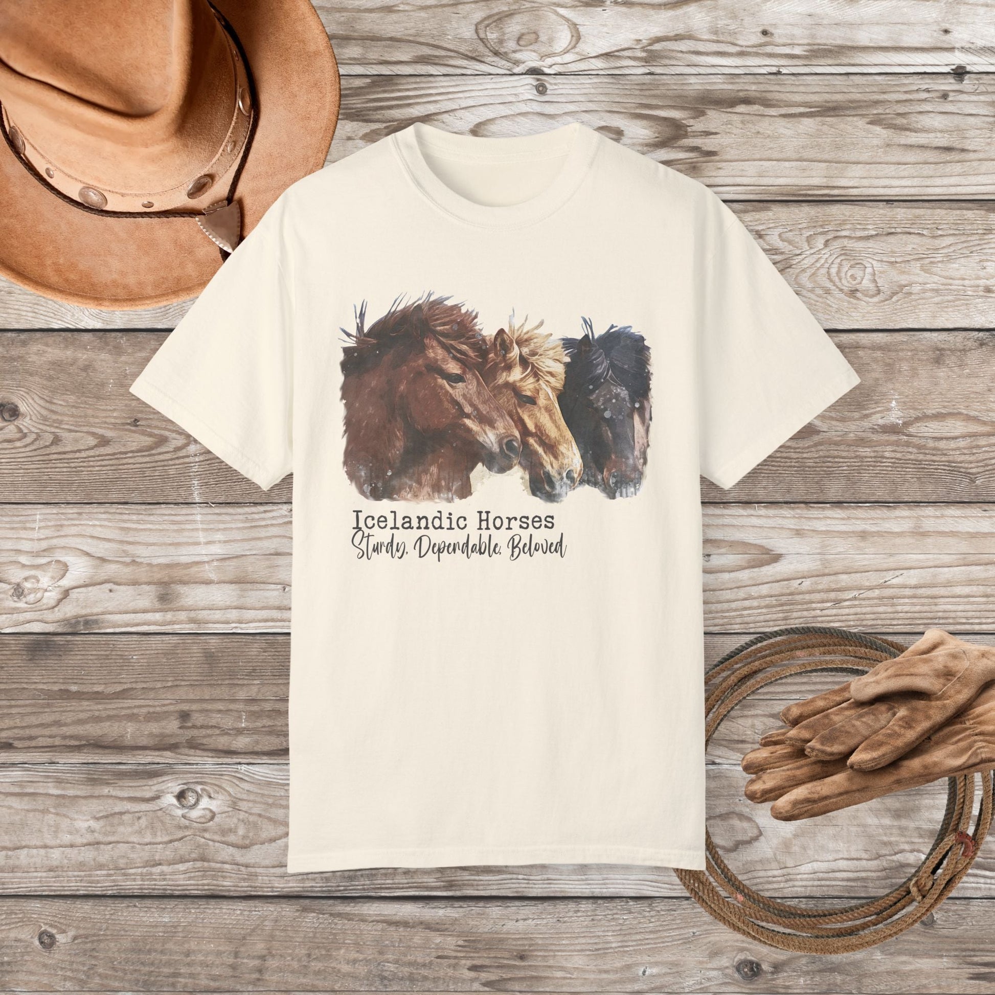Icelandic Horses T-Shirt – Watercolor Horse Art on Comfort Colors Tee - FlooredByArt