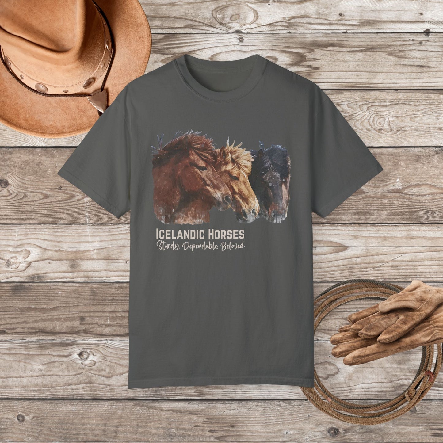Icelandic Horses T-Shirt – Watercolor Horse Art on Comfort Colors Tee - FlooredByArt