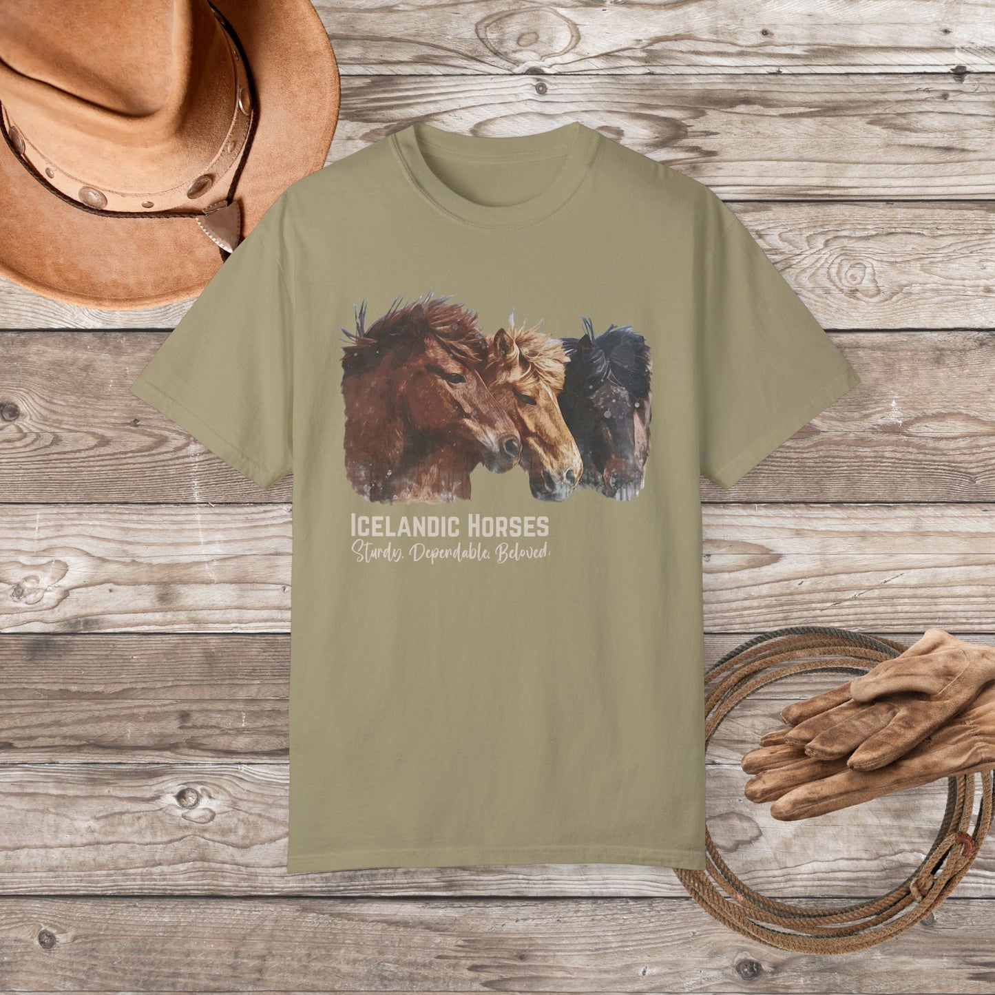 Icelandic Horses T-Shirt – Watercolor Horse Art on Comfort Colors Tee - FlooredByArt