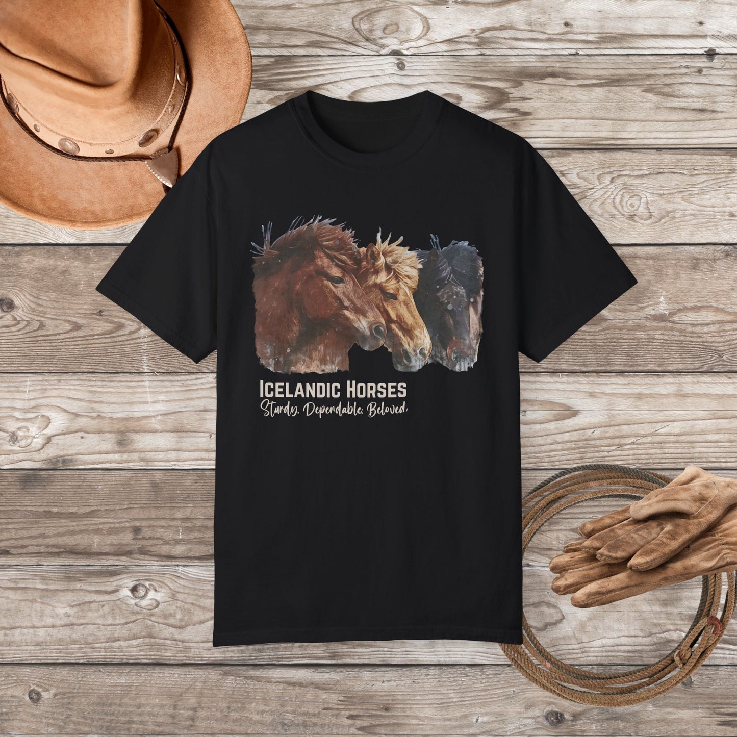 Icelandic Horses T-Shirt – Watercolor Horse Art on Comfort Colors Tee - FlooredByArt