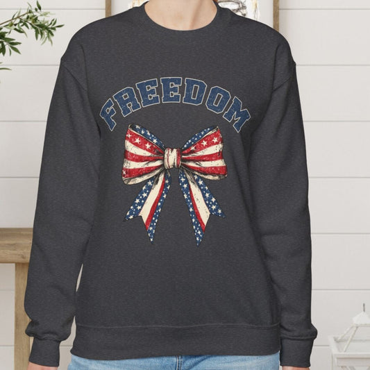 Ladies Freedom Sweatshirt, Coquette Bow Patriotic Ribbon Shirt, Minimalist Womens America Sweater - FlooredByArt