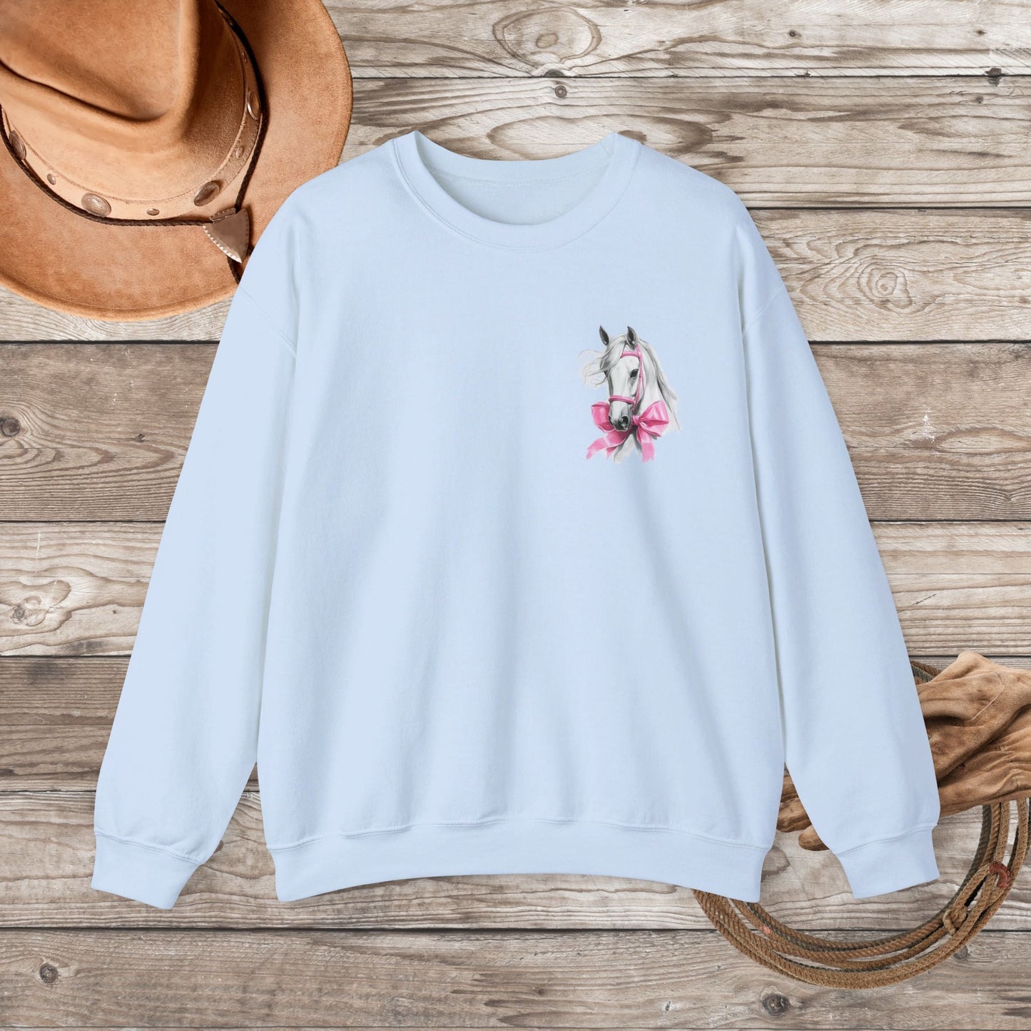 Ladies Horse Sweatshirt, Coquette Filly Shirt - Romantic White Horse with Pink Satin Bows - FlooredByArt