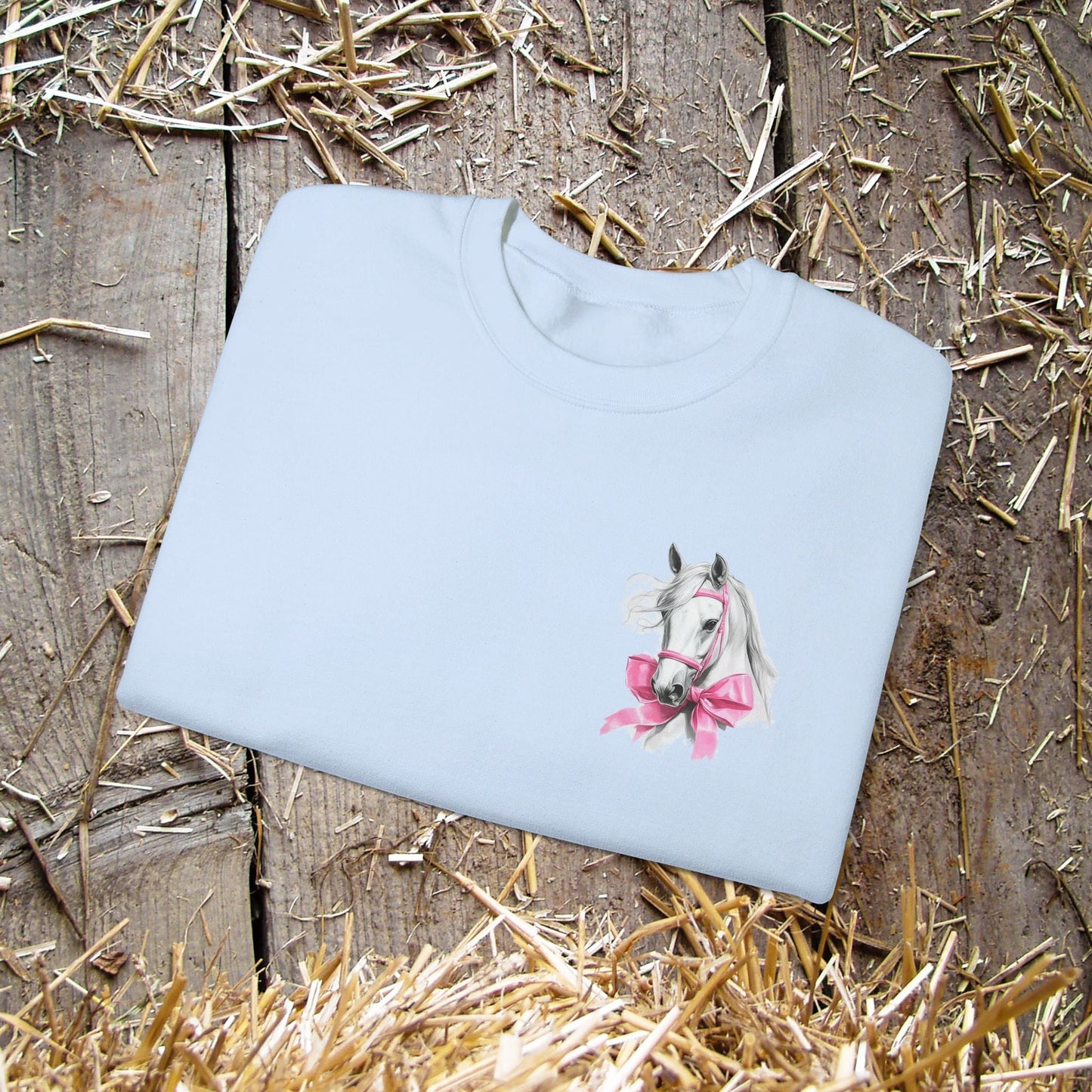 Ladies Horse Sweatshirt, Coquette Filly Shirt - Romantic White Horse with Pink Satin Bows - FlooredByArt