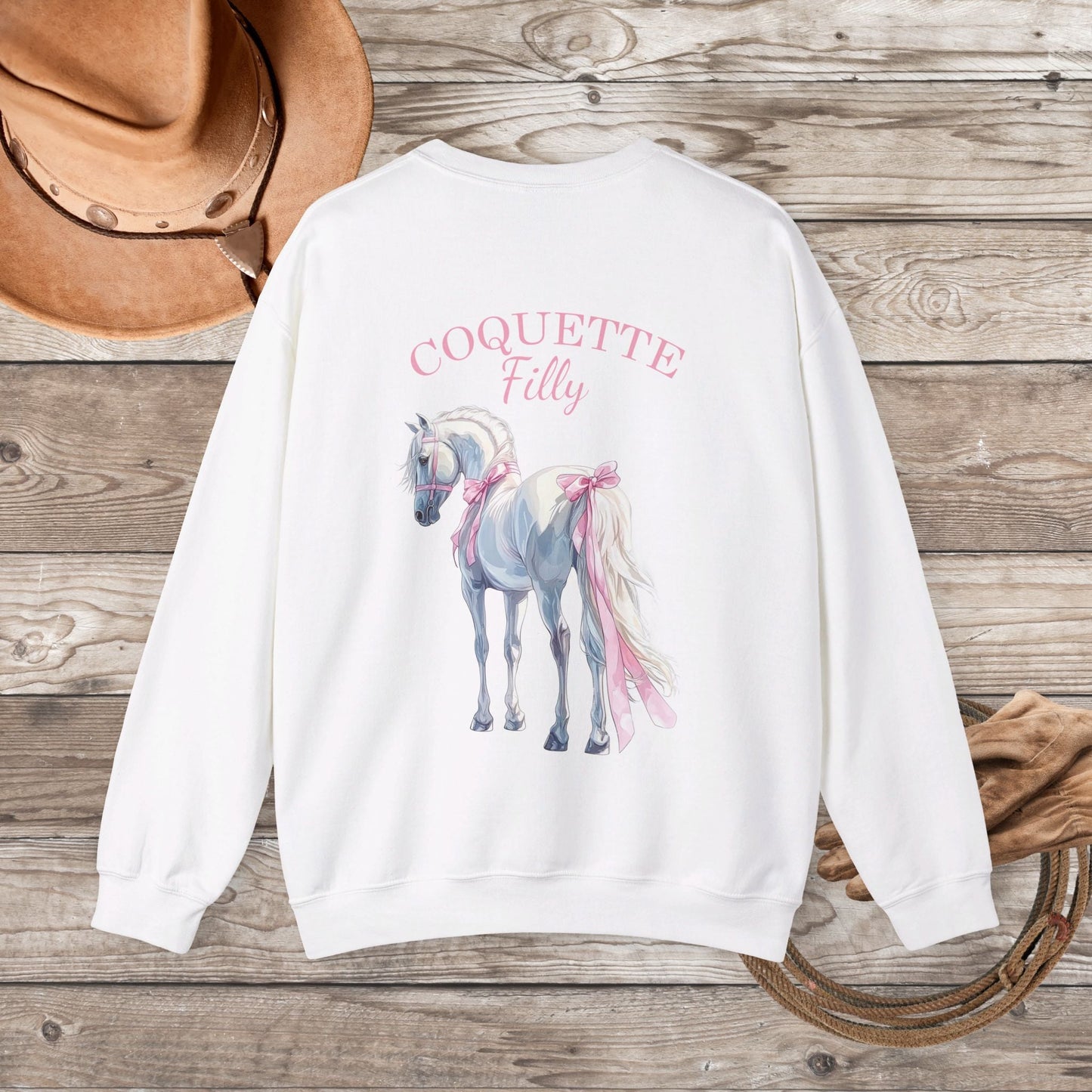 Ladies Horse Sweatshirt, Coquette Filly Shirt - Romantic White Horse with Pink Satin Bows - FlooredByArt