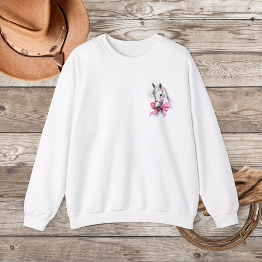 Ladies Horse Sweatshirt, Coquette Filly Shirt - Romantic White Horse with Pink Satin Bows - FlooredByArt