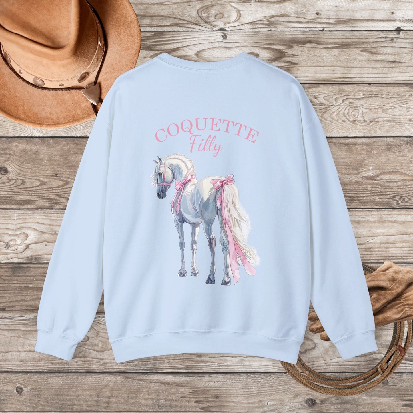 Ladies Horse Sweatshirt, Coquette Filly Shirt - Romantic White Horse with Pink Satin Bows - FlooredByArt