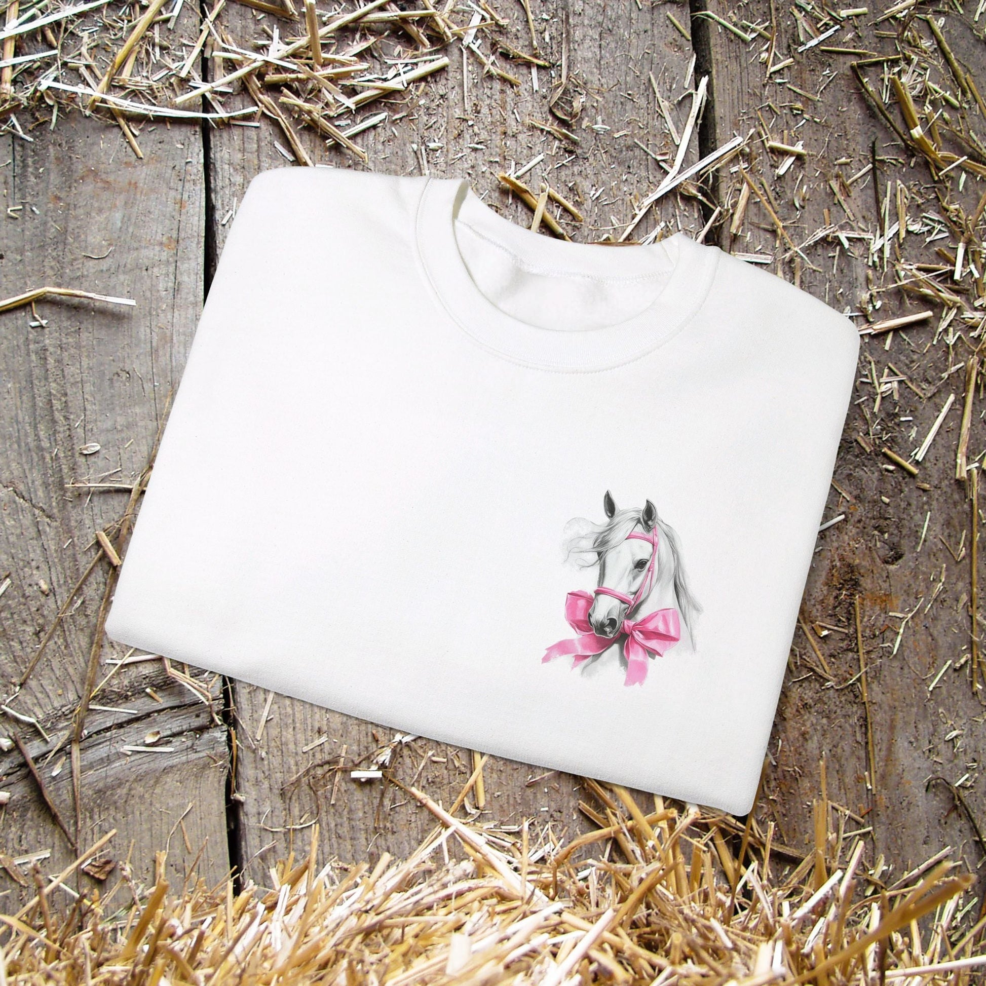 Ladies Horse Sweatshirt, Coquette Filly Shirt - Romantic White Horse with Pink Satin Bows - FlooredByArt