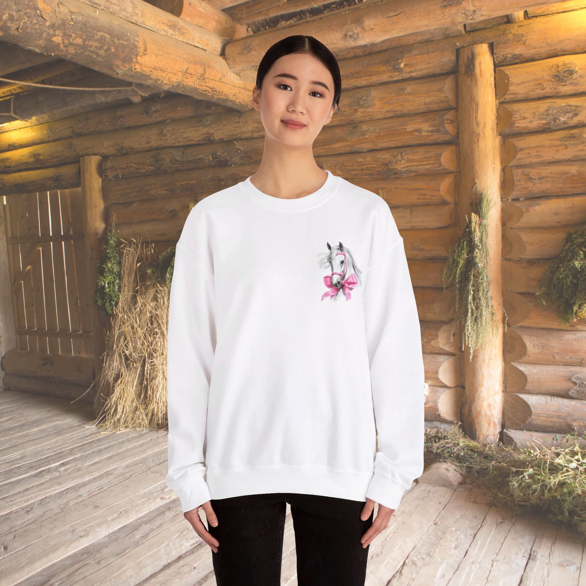 Ladies Horse Sweatshirt, Coquette Filly Shirt - Romantic White Horse with Pink Satin Bows - FlooredByArt