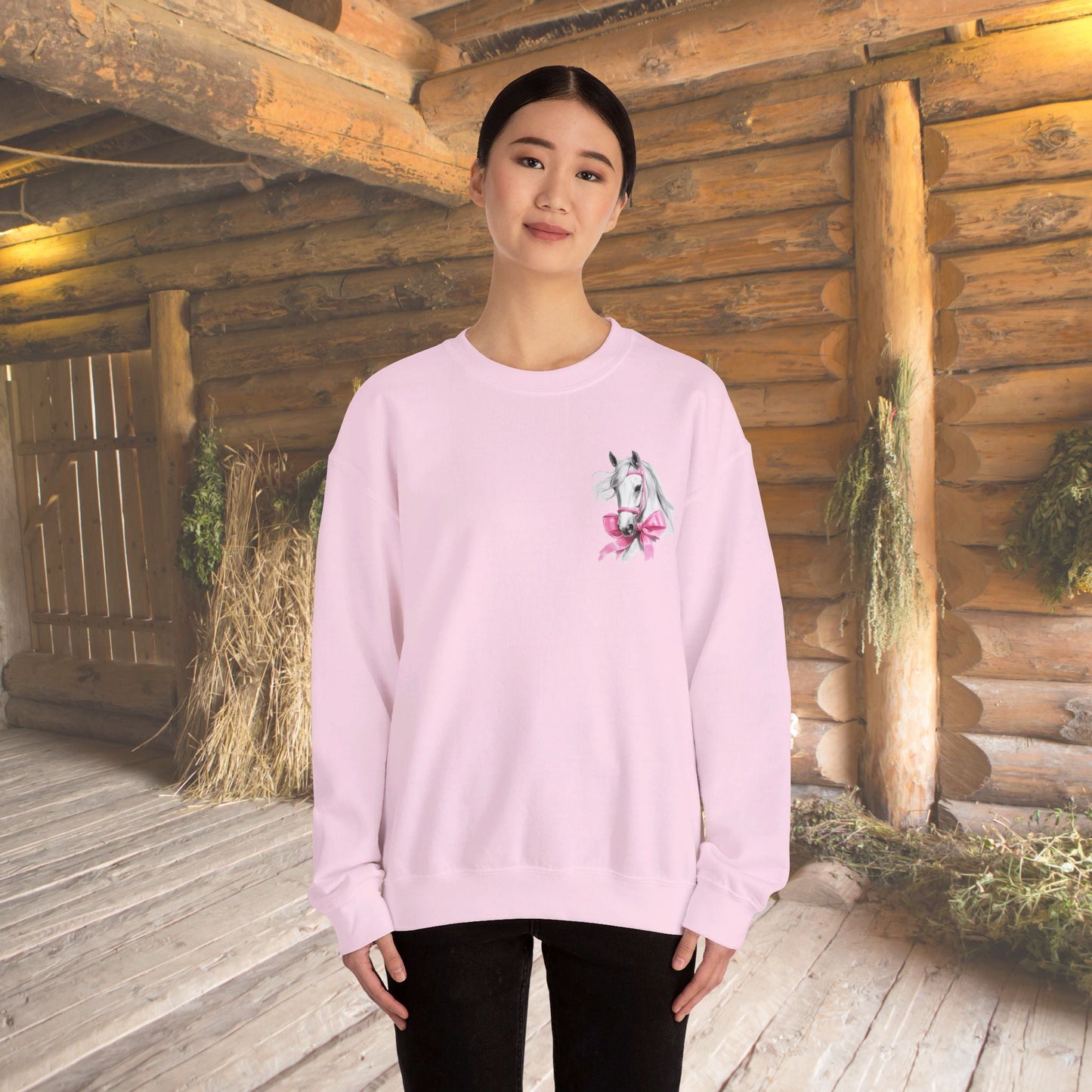 Ladies Horse Sweatshirt, Coquette Filly Shirt - Romantic White Horse with Pink Satin Bows - FlooredByArt