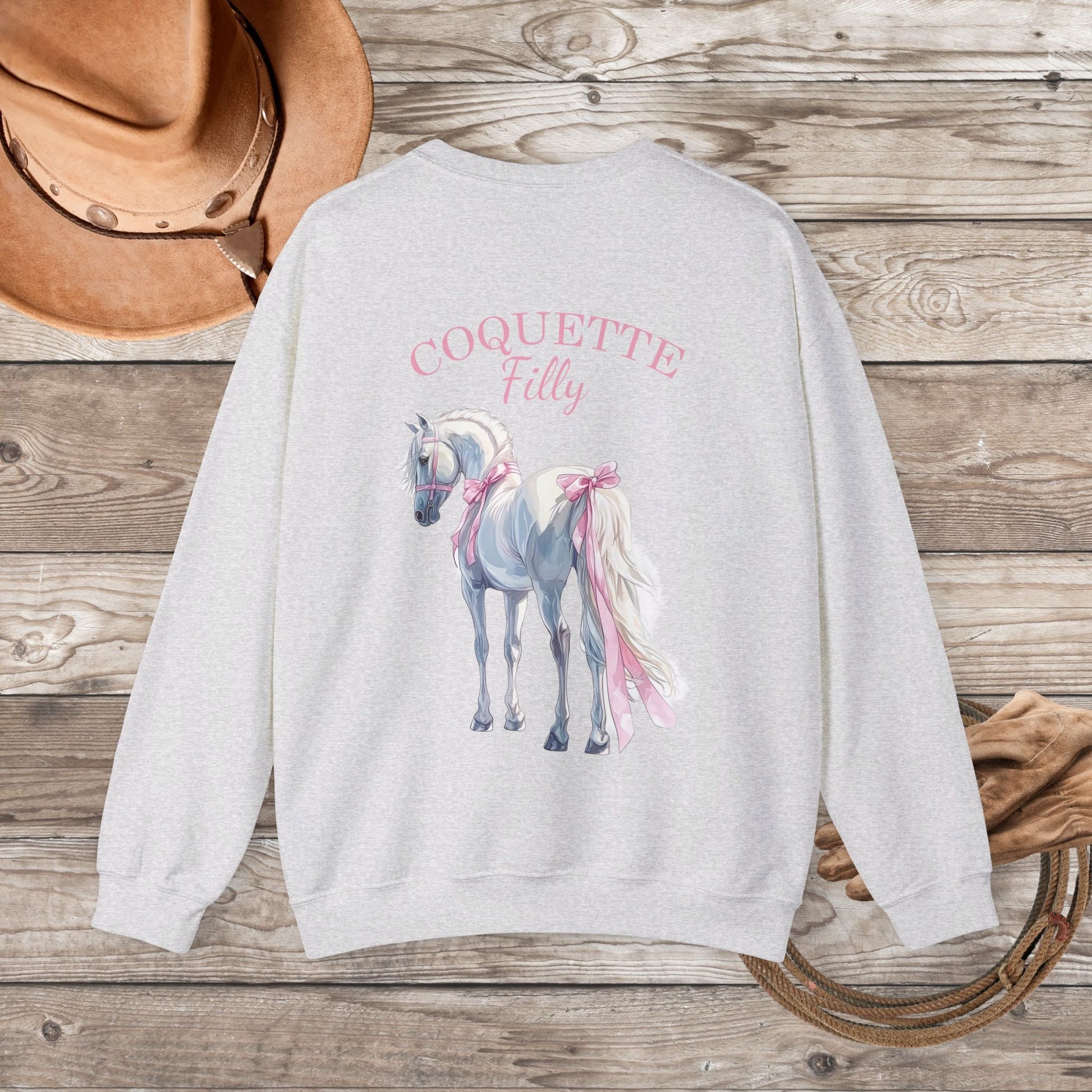 Ladies Horse Sweatshirt, Coquette Filly Shirt - Romantic White Horse with Pink Satin Bows - FlooredByArt