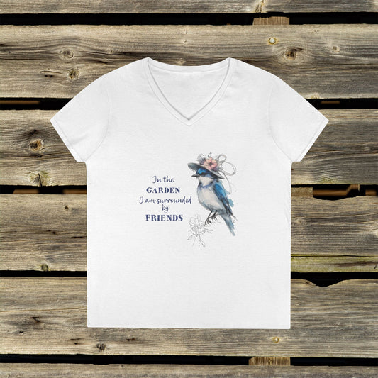 Ladies' V - Neck Bluebird T-Shirt | Nature - Inspired Comfort, Perfect for Garden Lovers - FlooredByArt