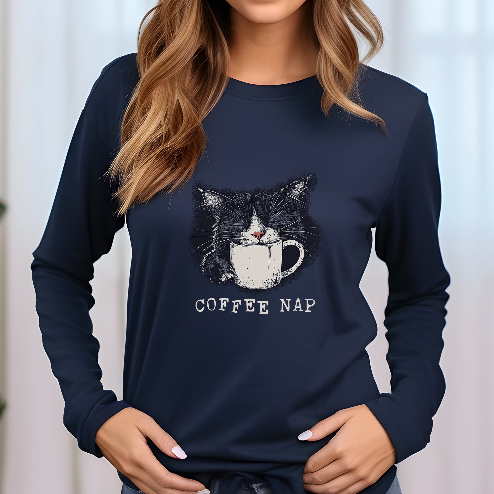 Long Sleeve Coffee Nap Black Cat T-Shirt – Cute Cat & Coffee Lover Tee - FlooredByArt