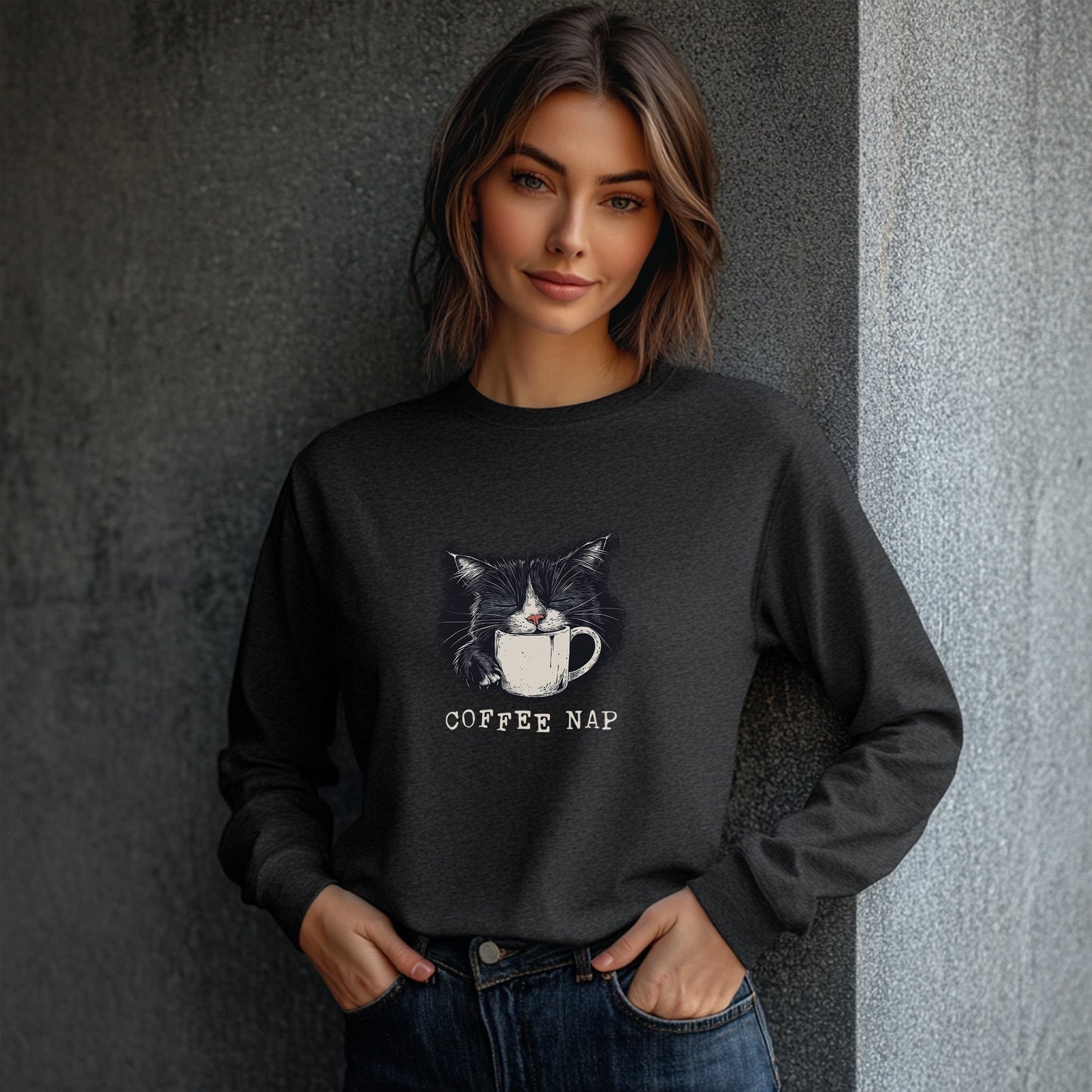 Long Sleeve Coffee Nap Black Cat T-Shirt – Cute Cat & Coffee Lover Tee - FlooredByArt